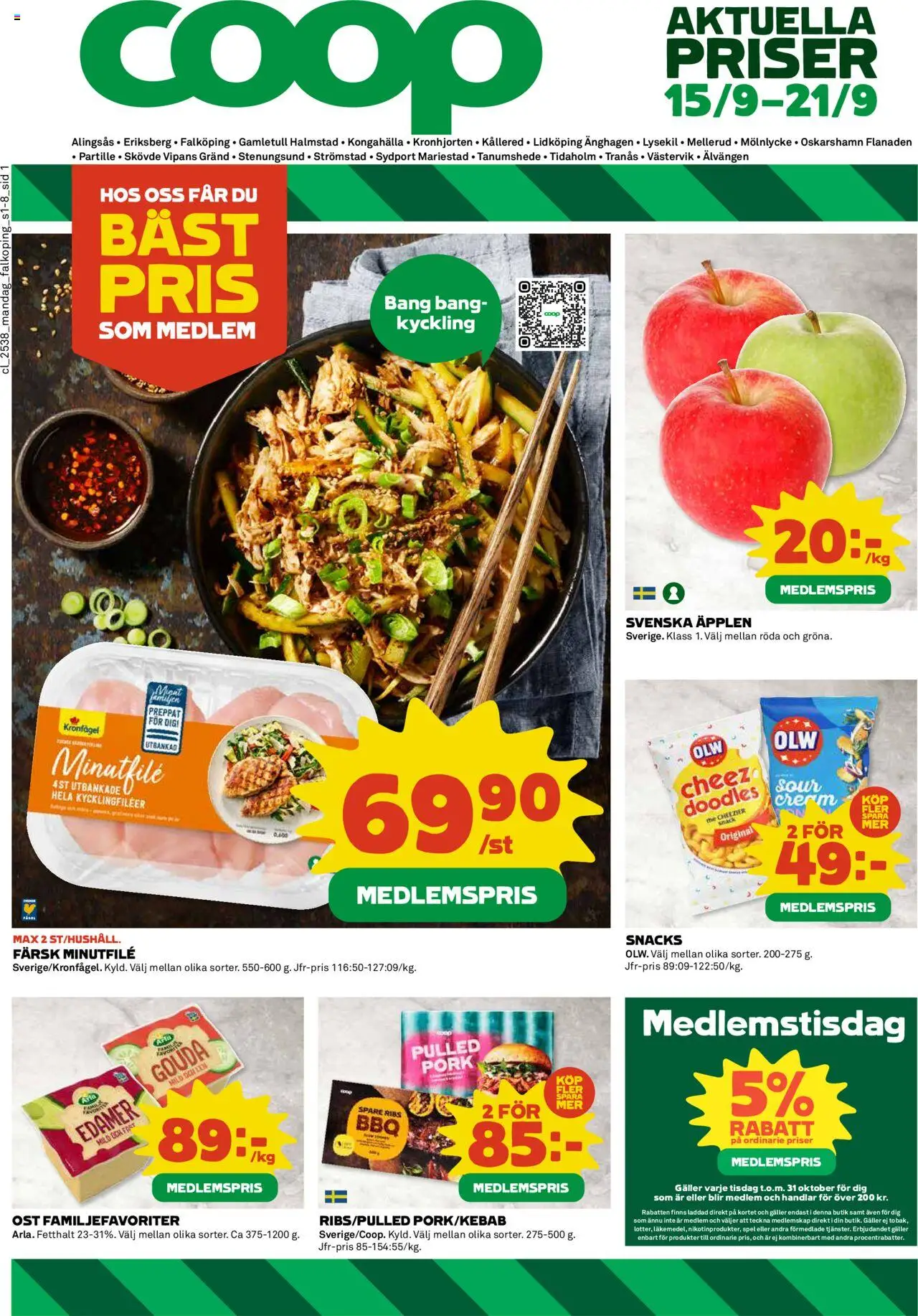 Coop reklamblad aktuell från 15.09.2025 | Sida: 1 | Produkter: Galler, Ost, Äpplen, Spel
