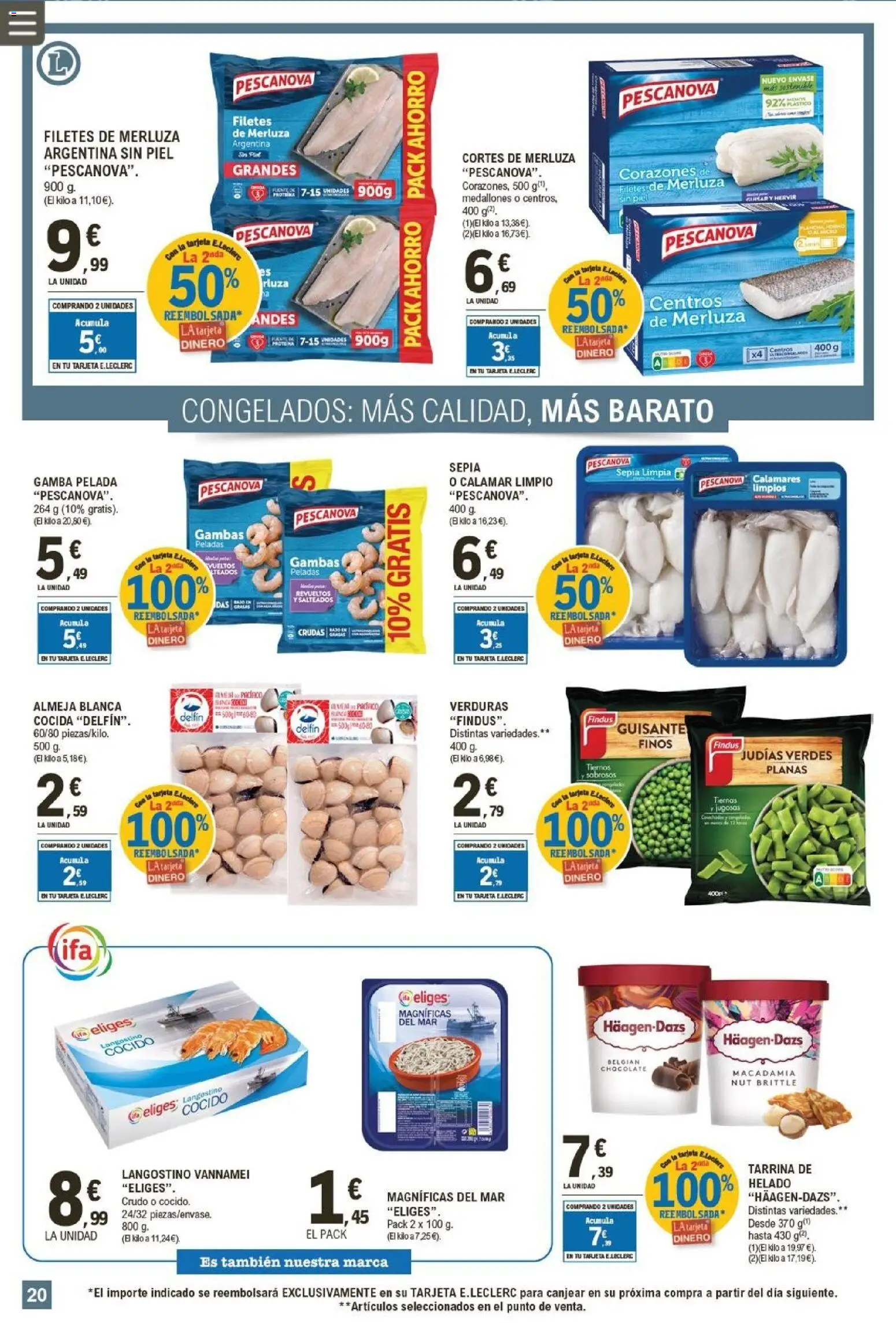 E.Leclerc folleto │ válido desde el 05.11.2025 | Página: 20 | Productos: Medallones, Calamares, Filetes de merluza, Langostino