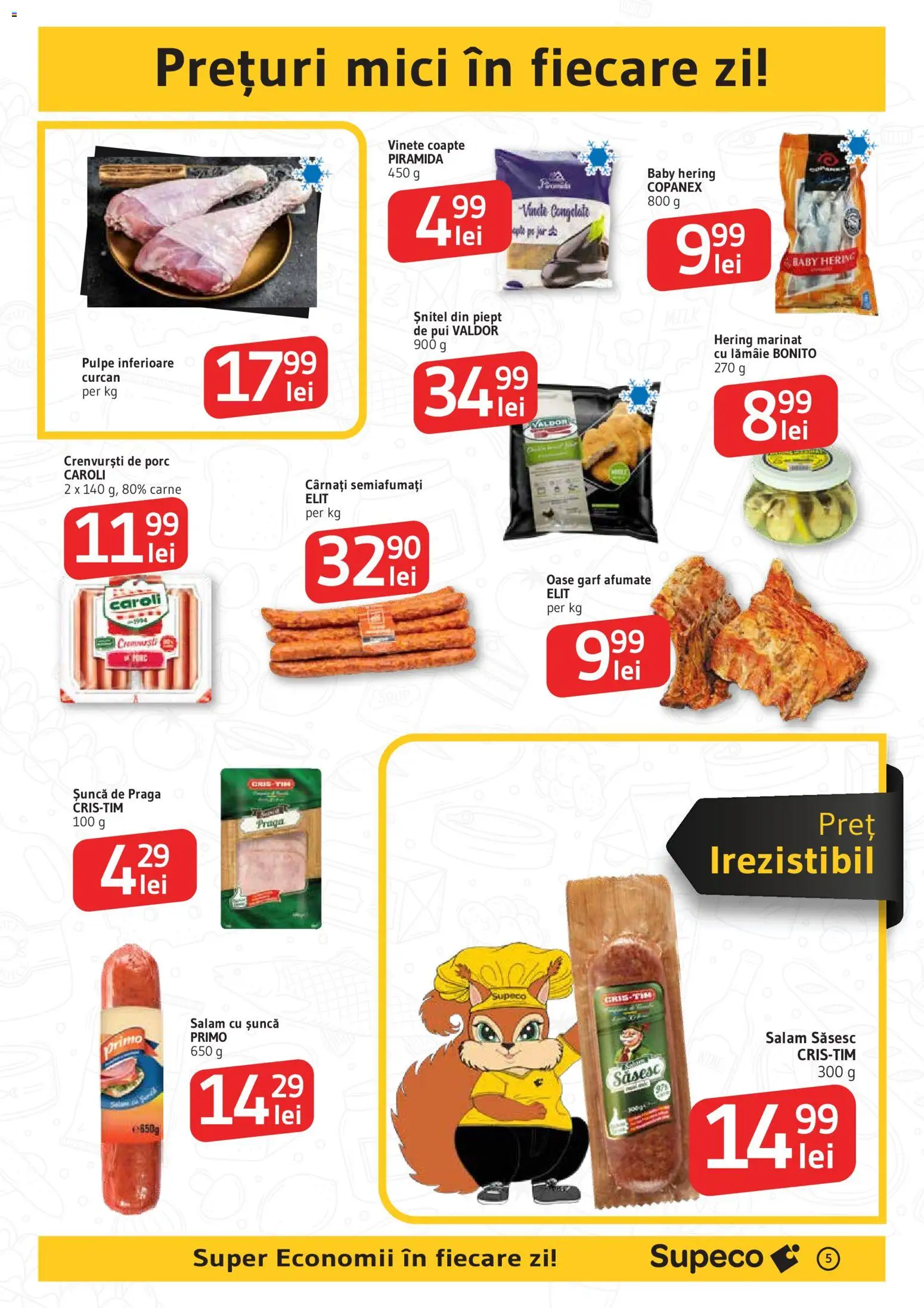 Noul catalog Supeco – valabil de la 08.01.2026 | Pagină: 5 | Produse: Hacıyatmaz Kedi Oyuncağı, Mici, Crenvurști, Salam