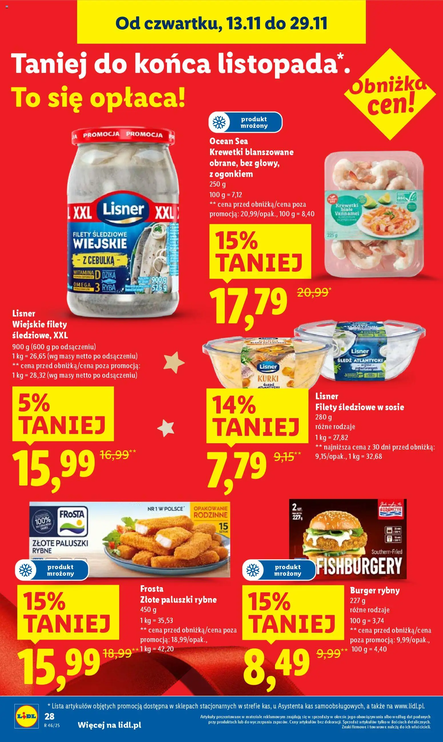 Lidl Gazetka od 13.11.2025 | Strona: 28 | Produkty: Śledź, Krewetki, Paluszki, Ryba