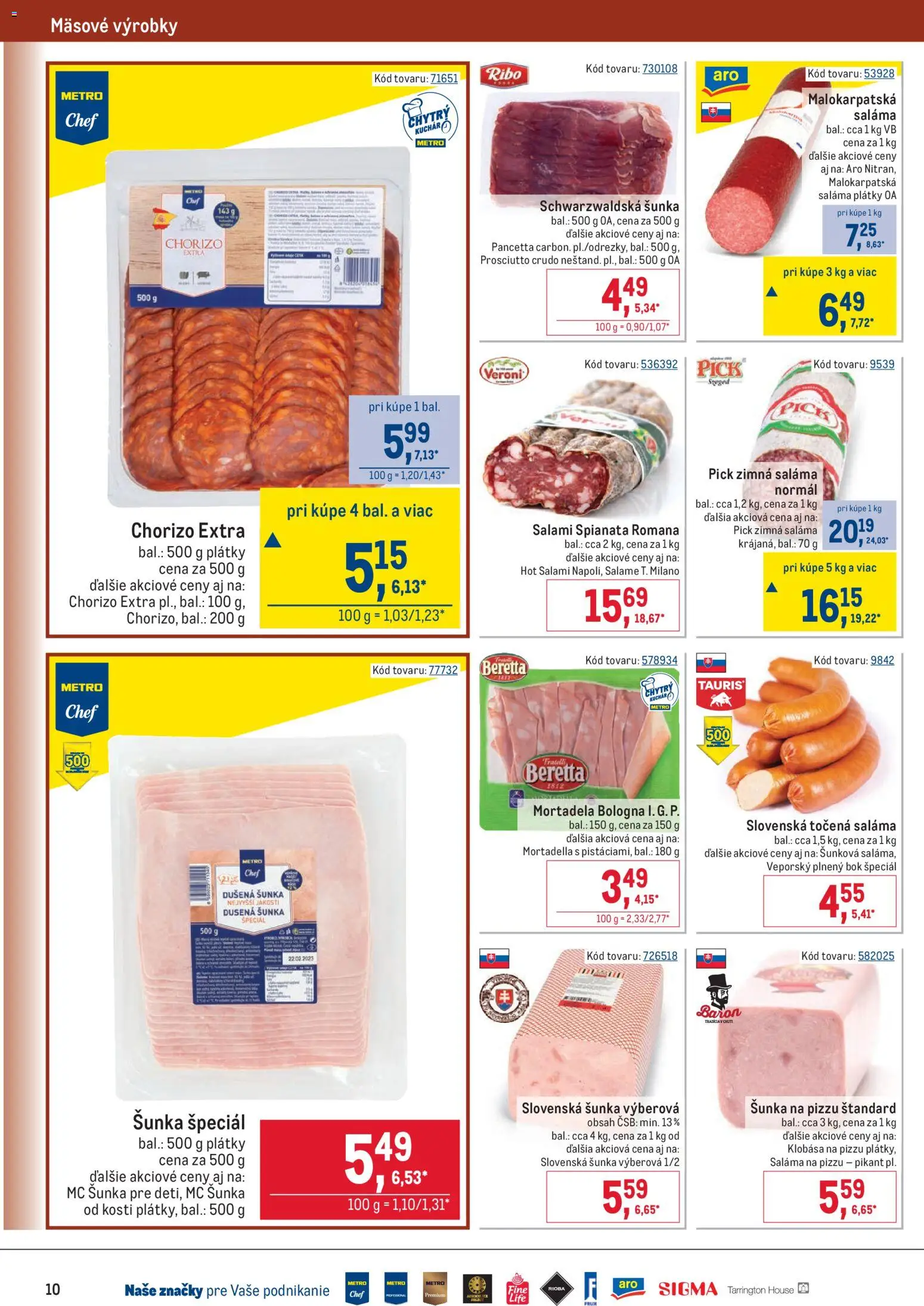 Nové Metro akcie – leták je platný od 05.11.2025 | Strana: 10 | Produkty: Saláma, Šunka, Klobása