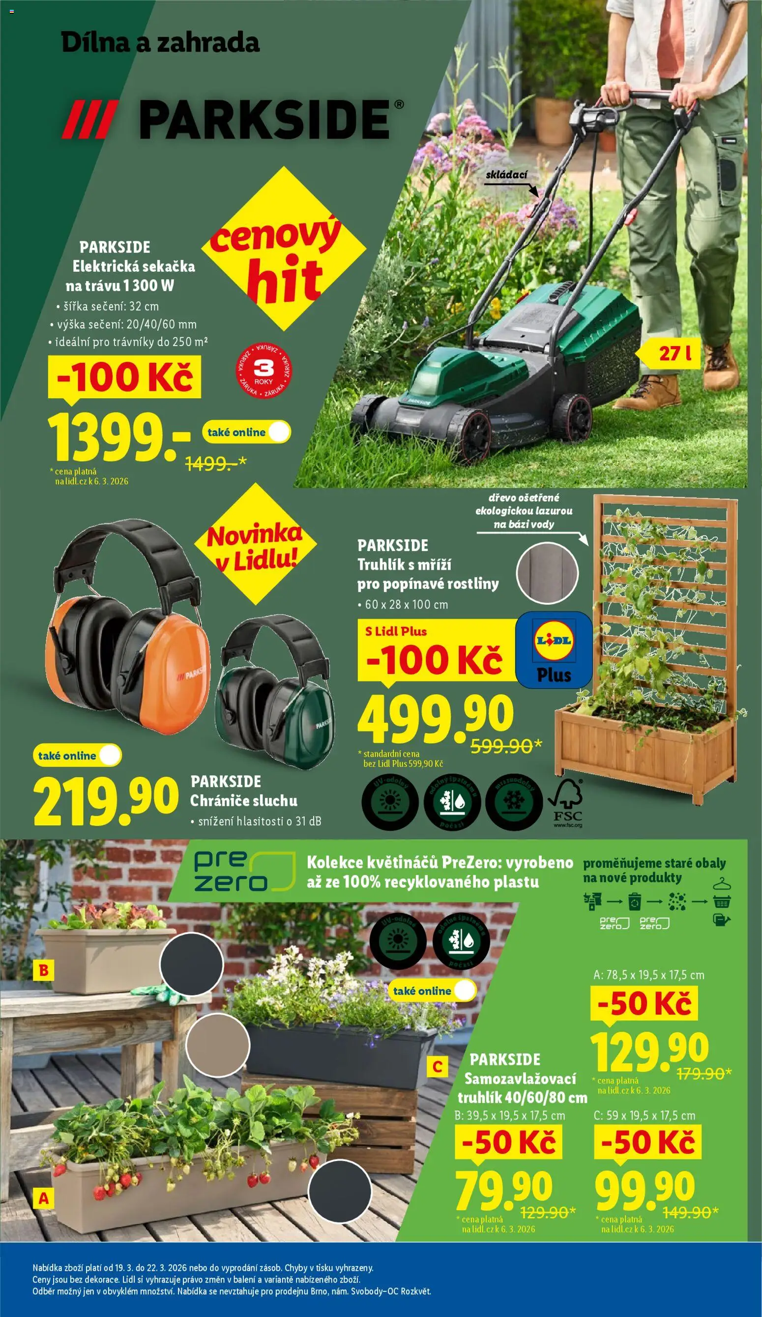 Lidl leták od 19.03.2026 | Strana: 43 | Produkty: Zahrada, Chrániče, Samozavlažovací truhlík, Elektrická sekačka