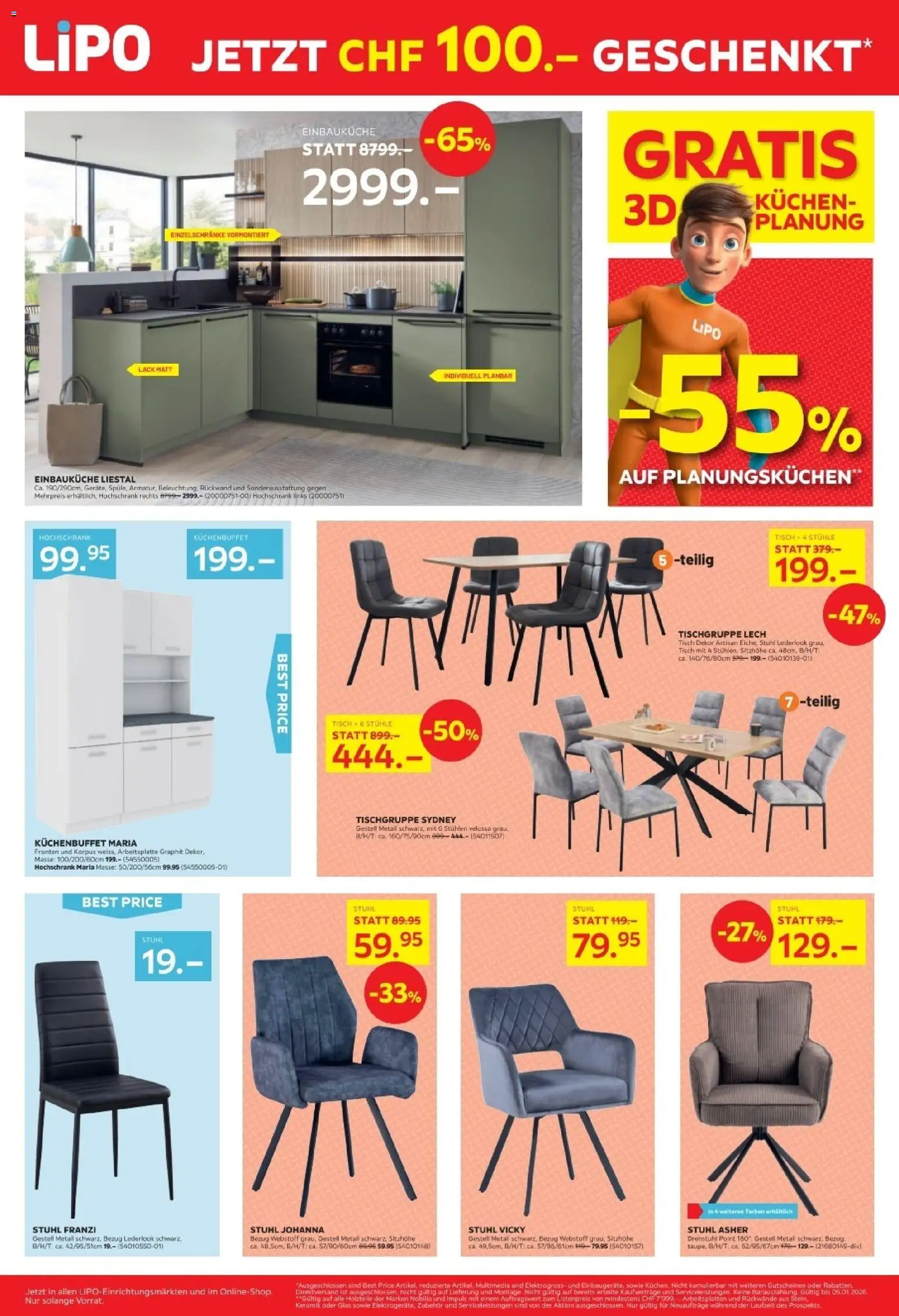 Lipo Aktionen Sale – gültig ab 23.12.2025 | Seite: 4 | Produkte: Tisch, Stuhl, Hochschrank, Einbauküche