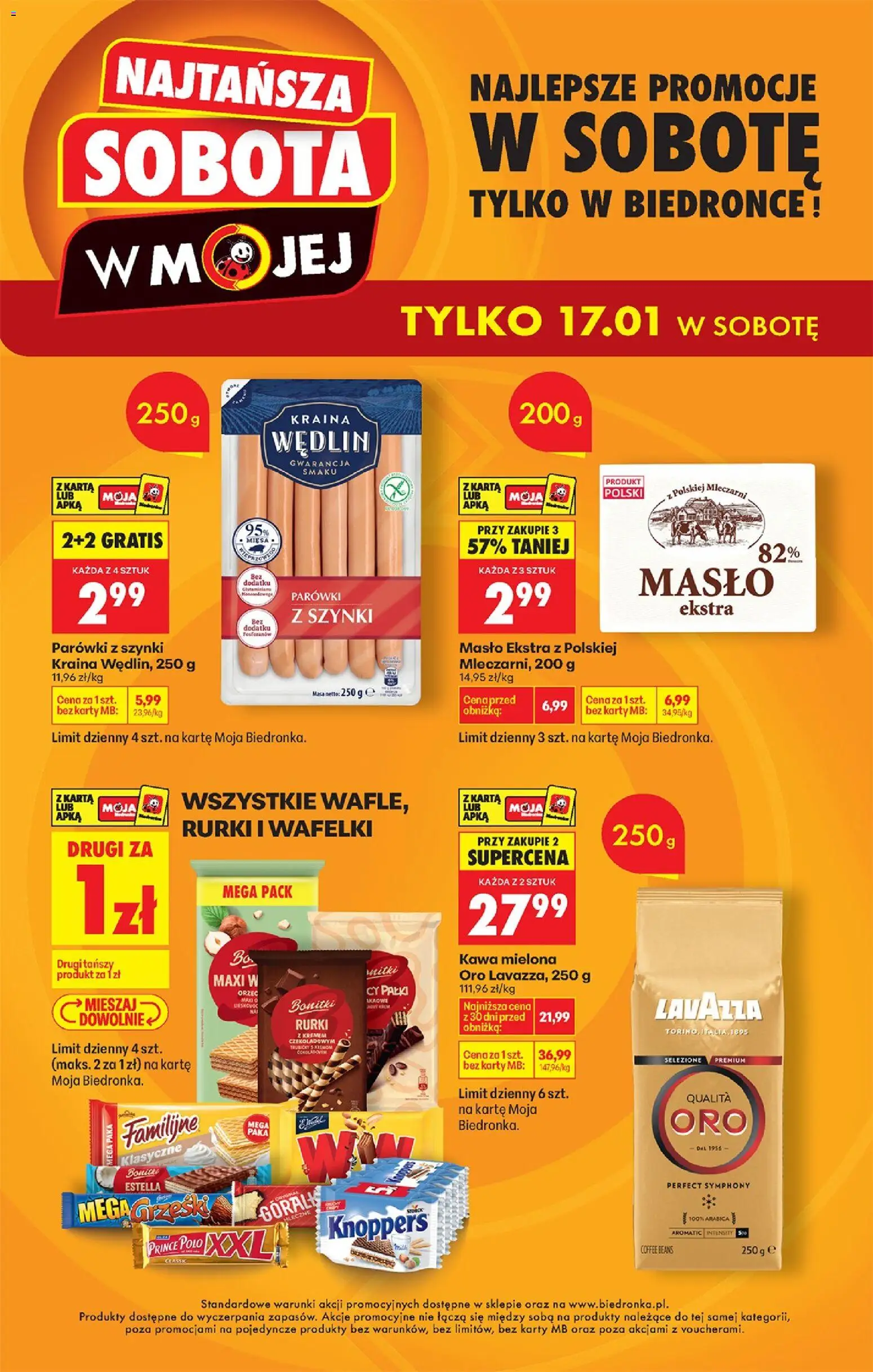 Biedronka gazetka - Najtańsza sobota od 17.01.2026 | Strona: 1 | Produkty: Parówki z szynki, Lavazza, Wafelki, Masło