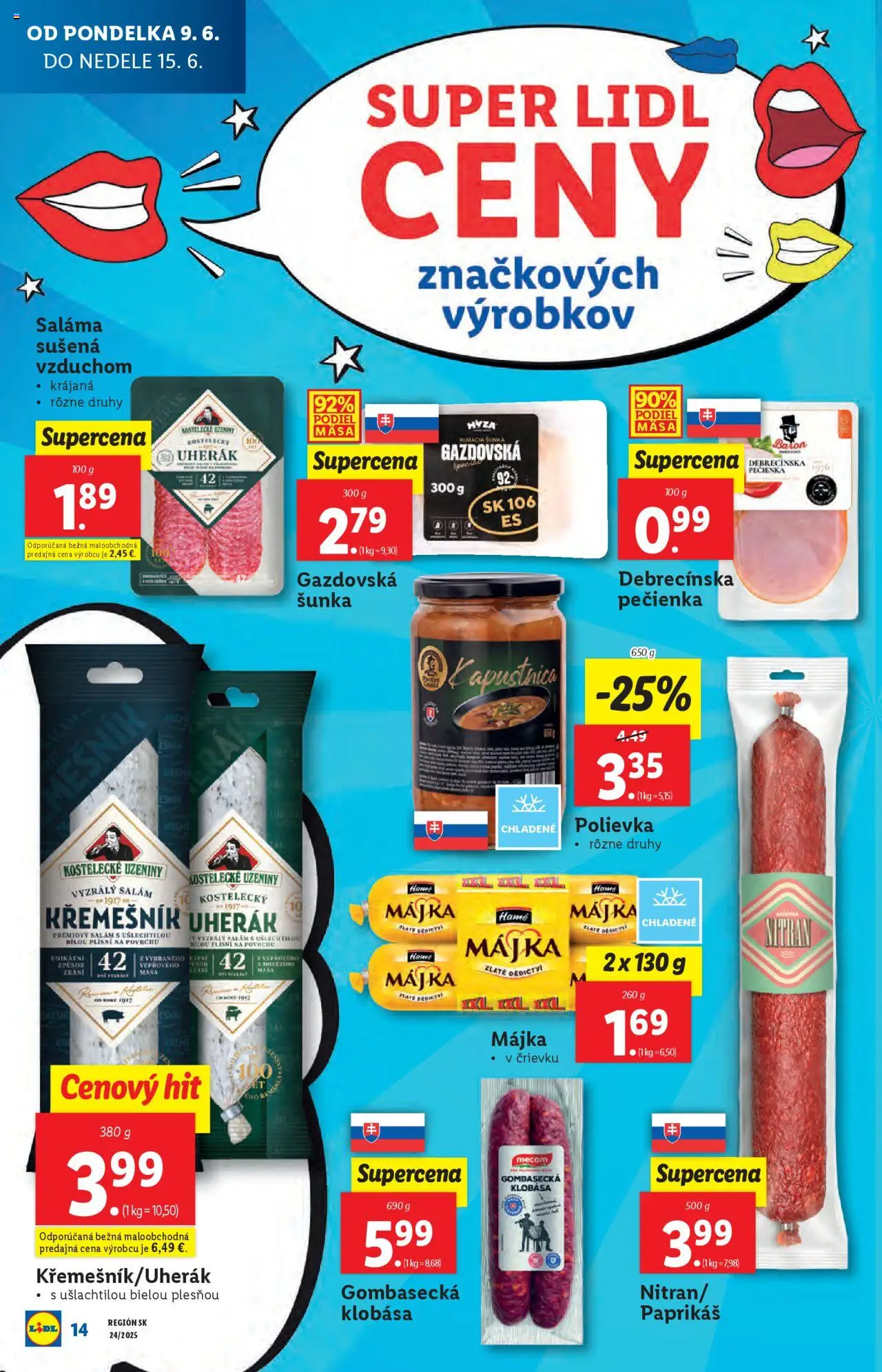 Lidl leták │ platný od 09.06.2025 | Strana: 18 | Produkty: Saláma, Šunka, Klobása