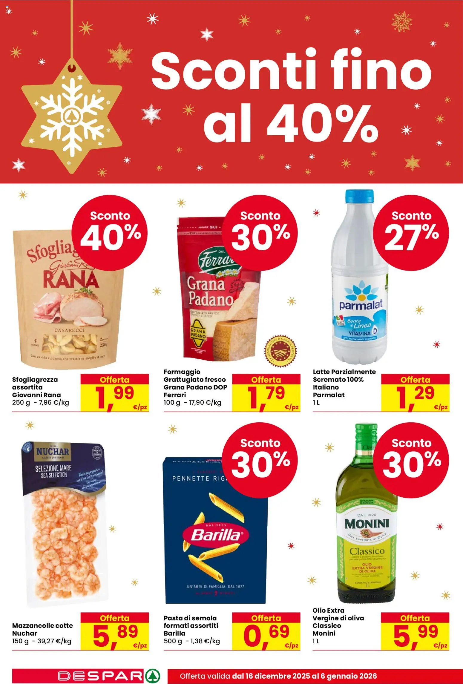 Volantino Despar del 16.12.2025 | Pagina: 2 | Prodotti: Mazzancolle, Formaggio, Grana Padano, Olio extra vergine