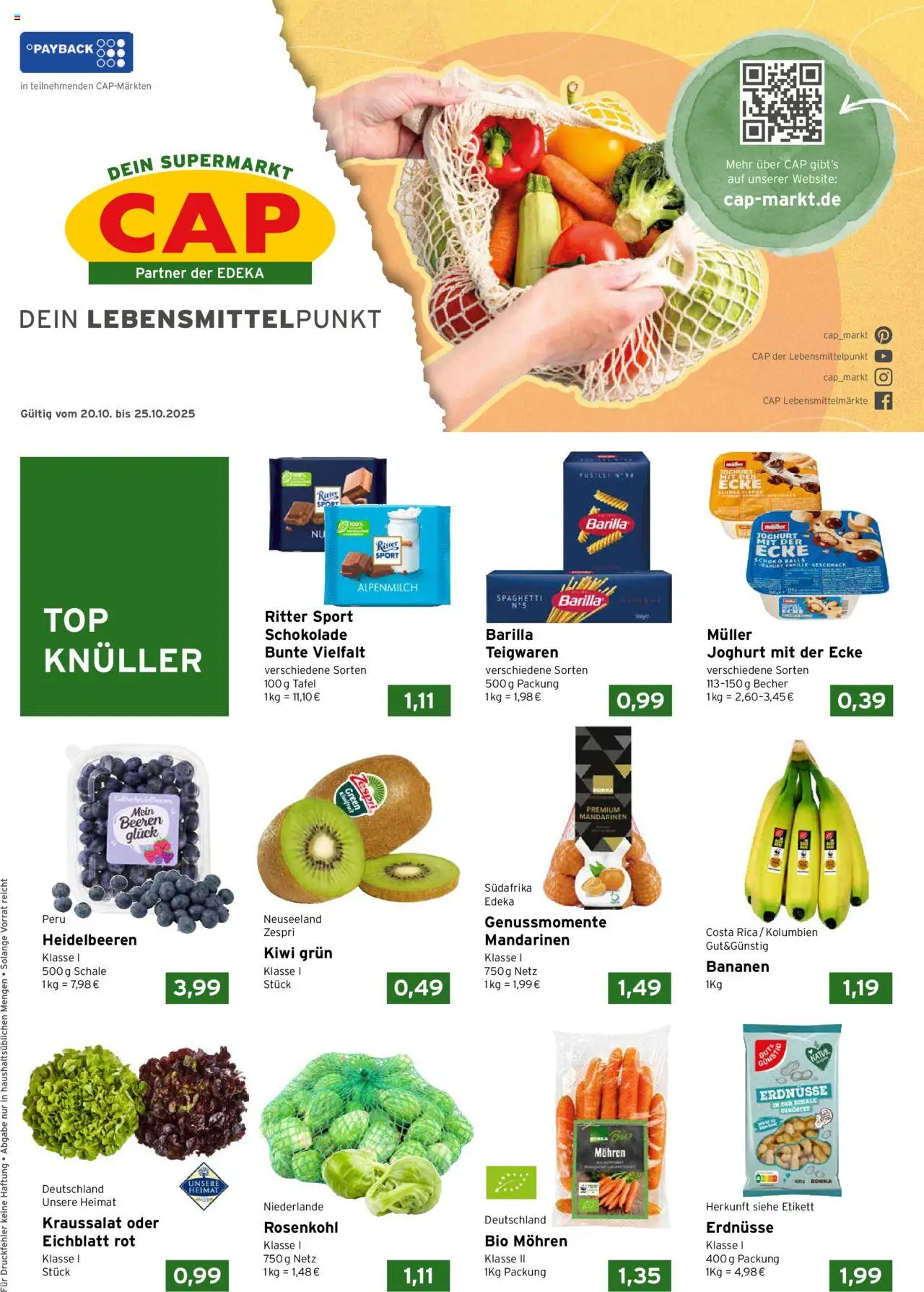 CAP Markt Prospekt – gültig ab 20.10.2025 | Seite: 1 | Produkte: Barilla, Schokolade, Bananen, Mandarinen