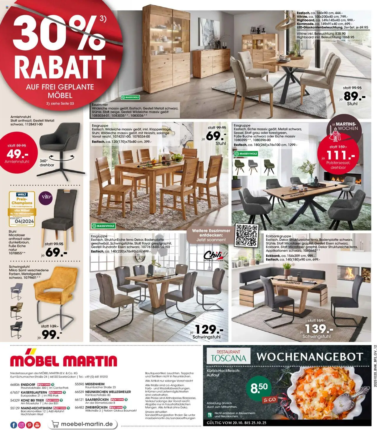 Möbel Martin St. Martins-Wochen – gültig ab 20.10.2025 | Seite: 12 | Produkte: Essgruppe, Vitrine, Stuhl, Chili
