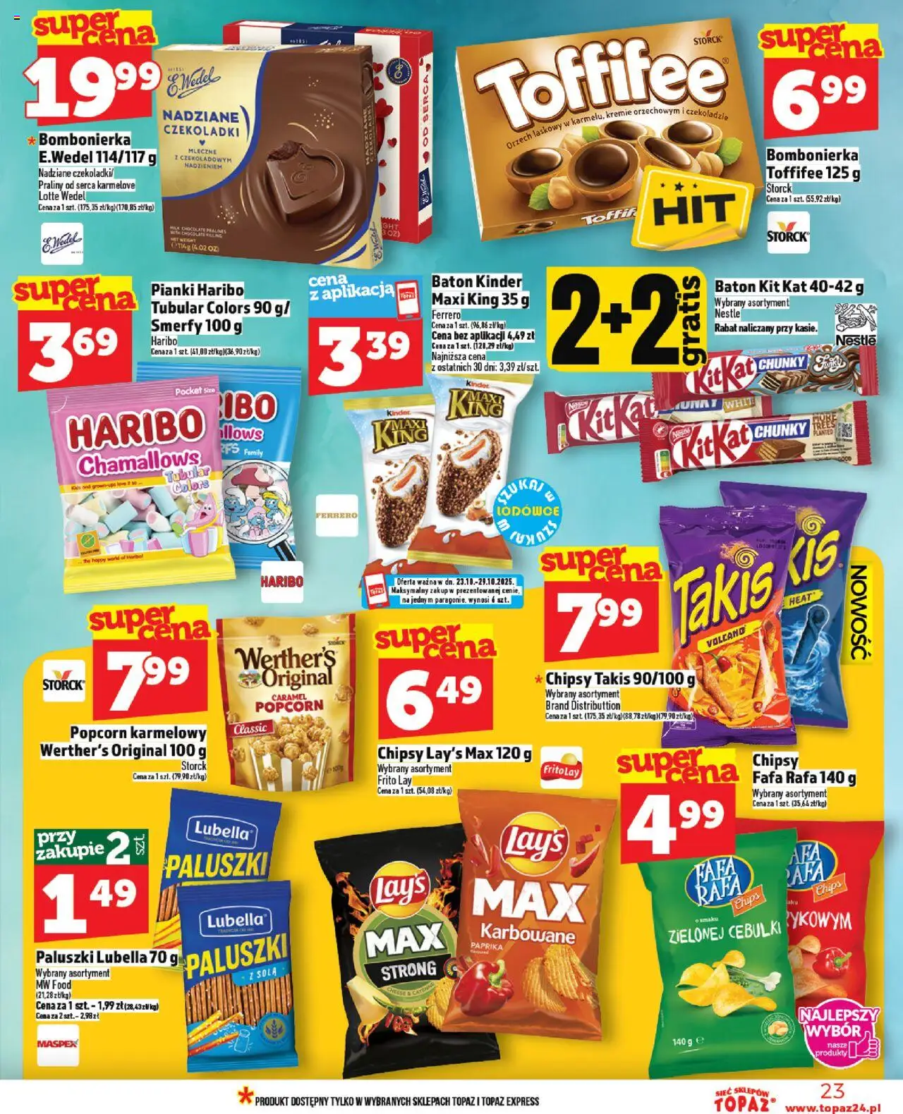 Topaz Gazetka od 23.10.2025 | Strona: 23 | Produkty: Chipsy, Toffifee, Paluszki, Pianki