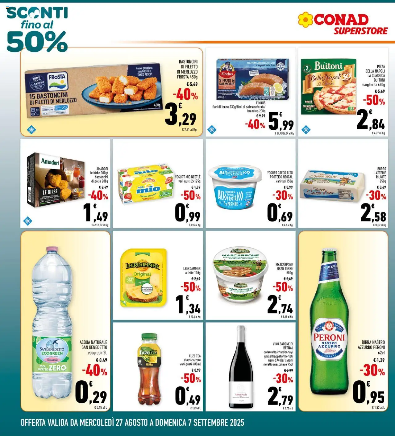 Volantino Conad del 27.08.2025 | Pagina: 2 | Prodotti: Pesce, Branzino, Acqua naturale, Mascarpone