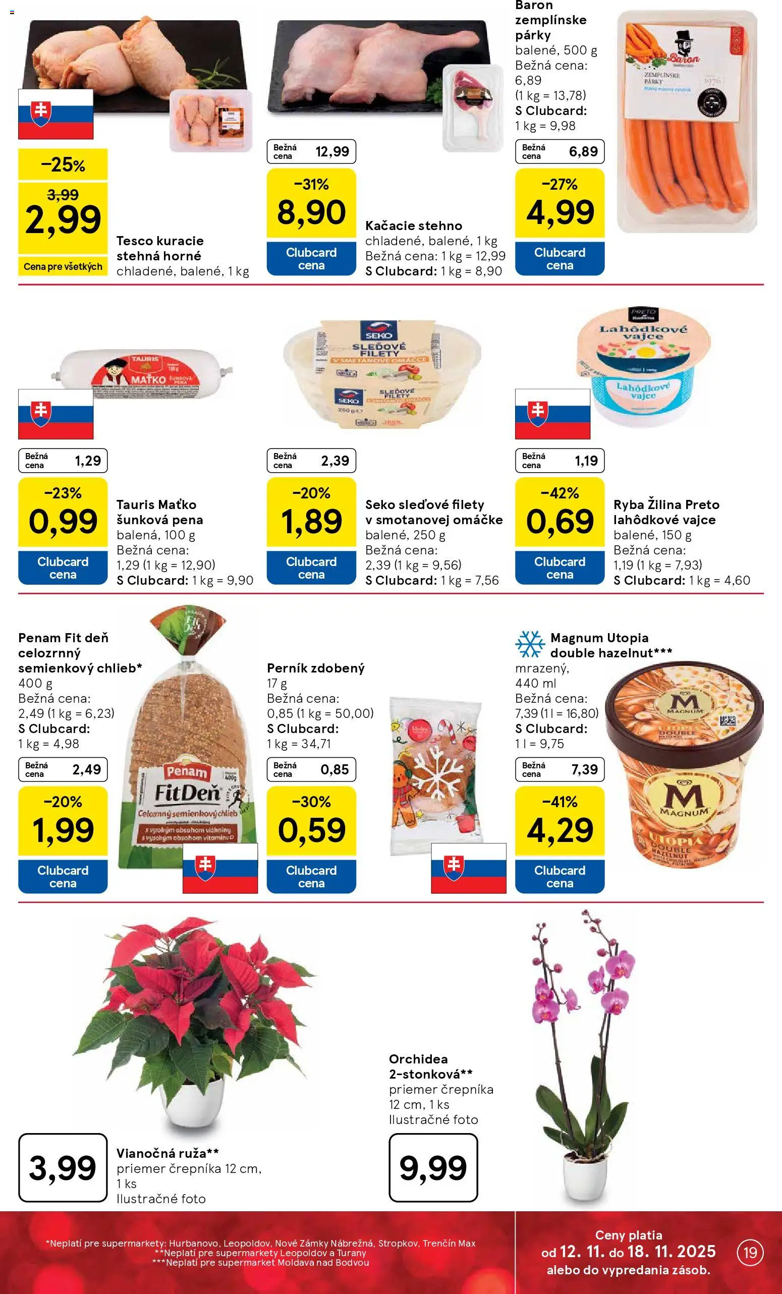 Nové Tesco akcie – leták je platný od 12.11.2025 | Strana: 19 | Produkty: Kuracie stehná, Magnum, Párky, Orchidea