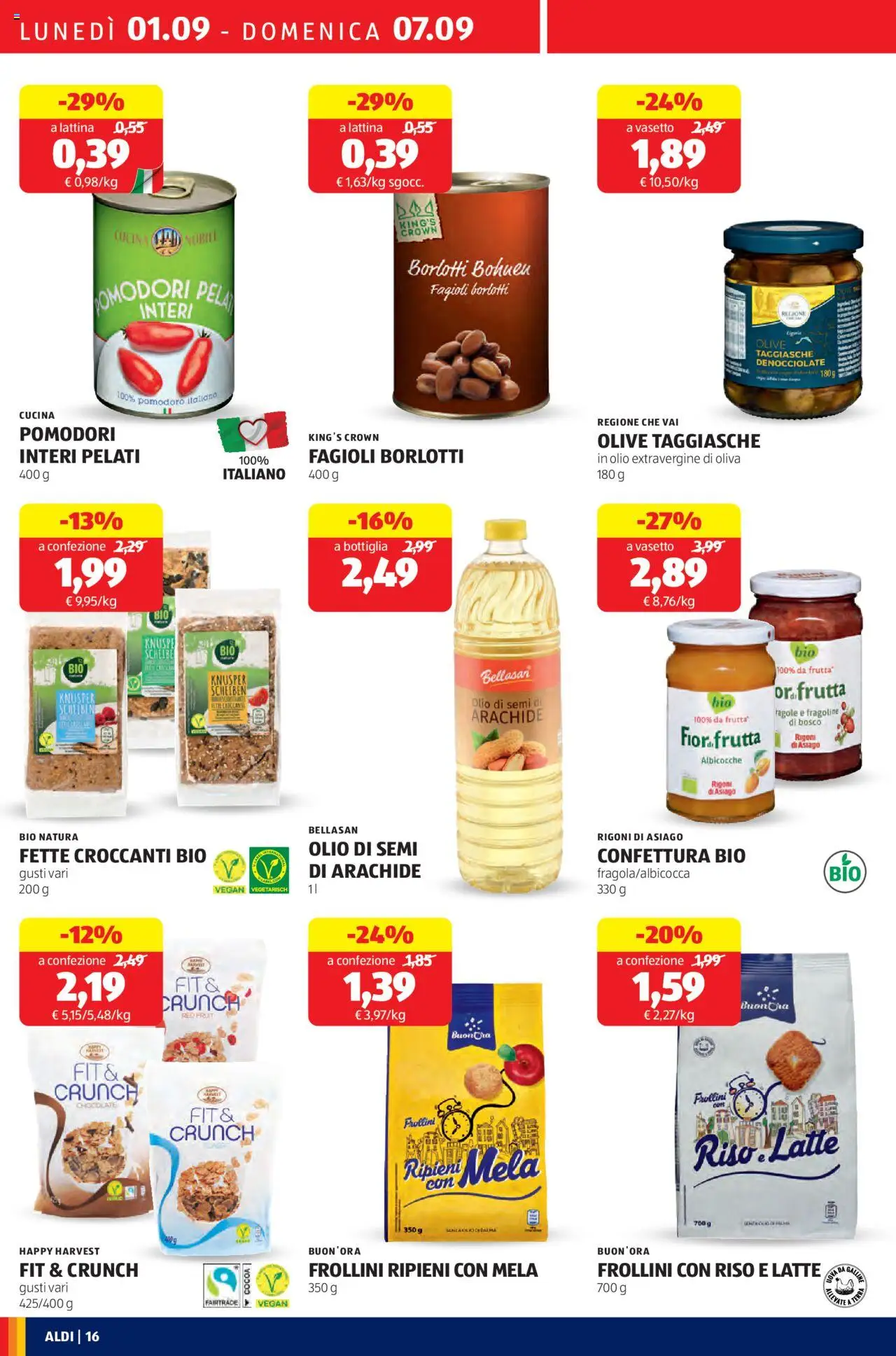 Volantino Aldi del 01.09.2025 | Pagina: 16 | Prodotti: Olio, Olive, Pomodori, Albicocche