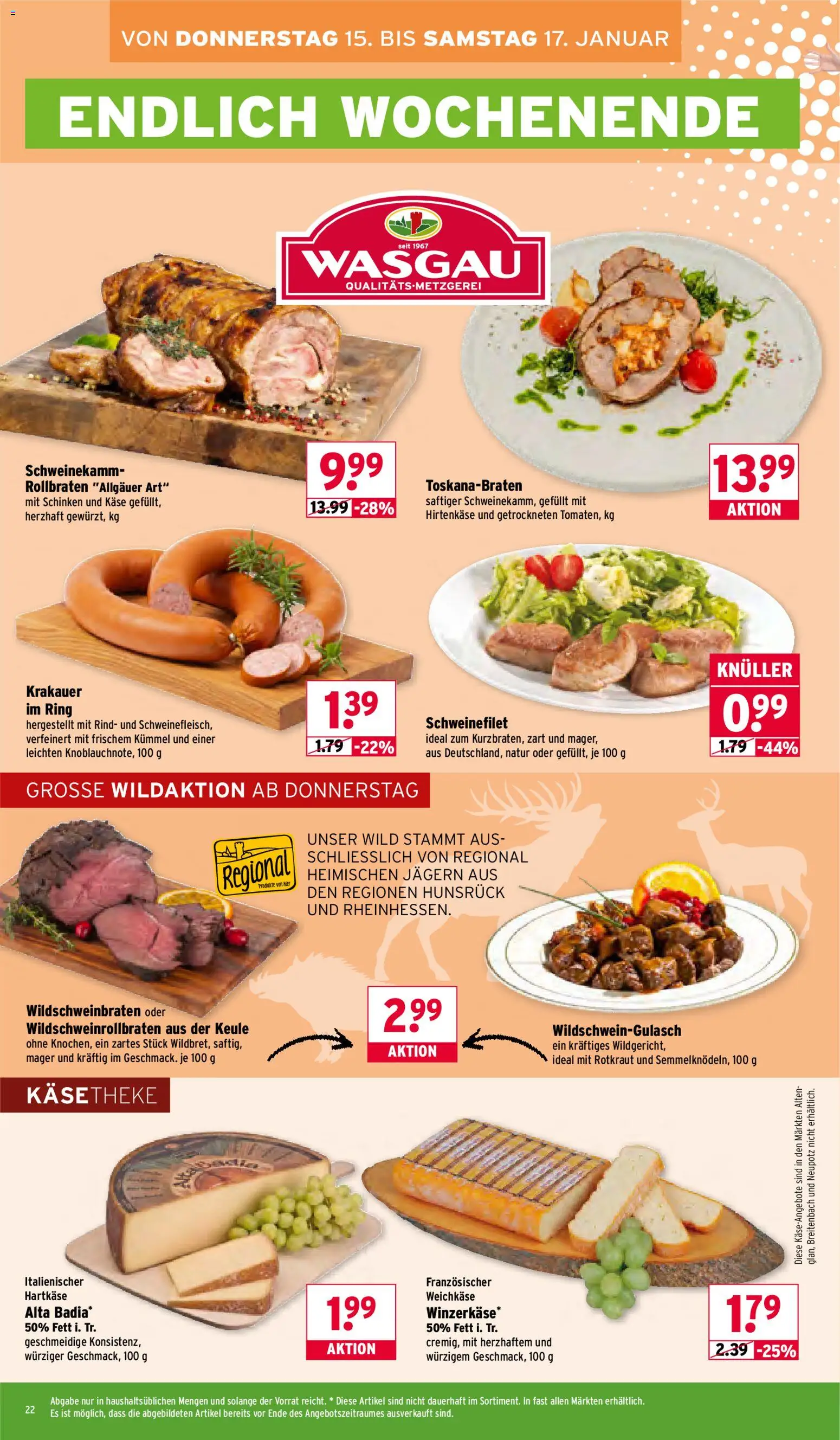 Wasgau Prospekt 	 – gültig ab 12.01.2026 | Seite: 22 | Produkte: Käse, Schweinefilet, Schinken