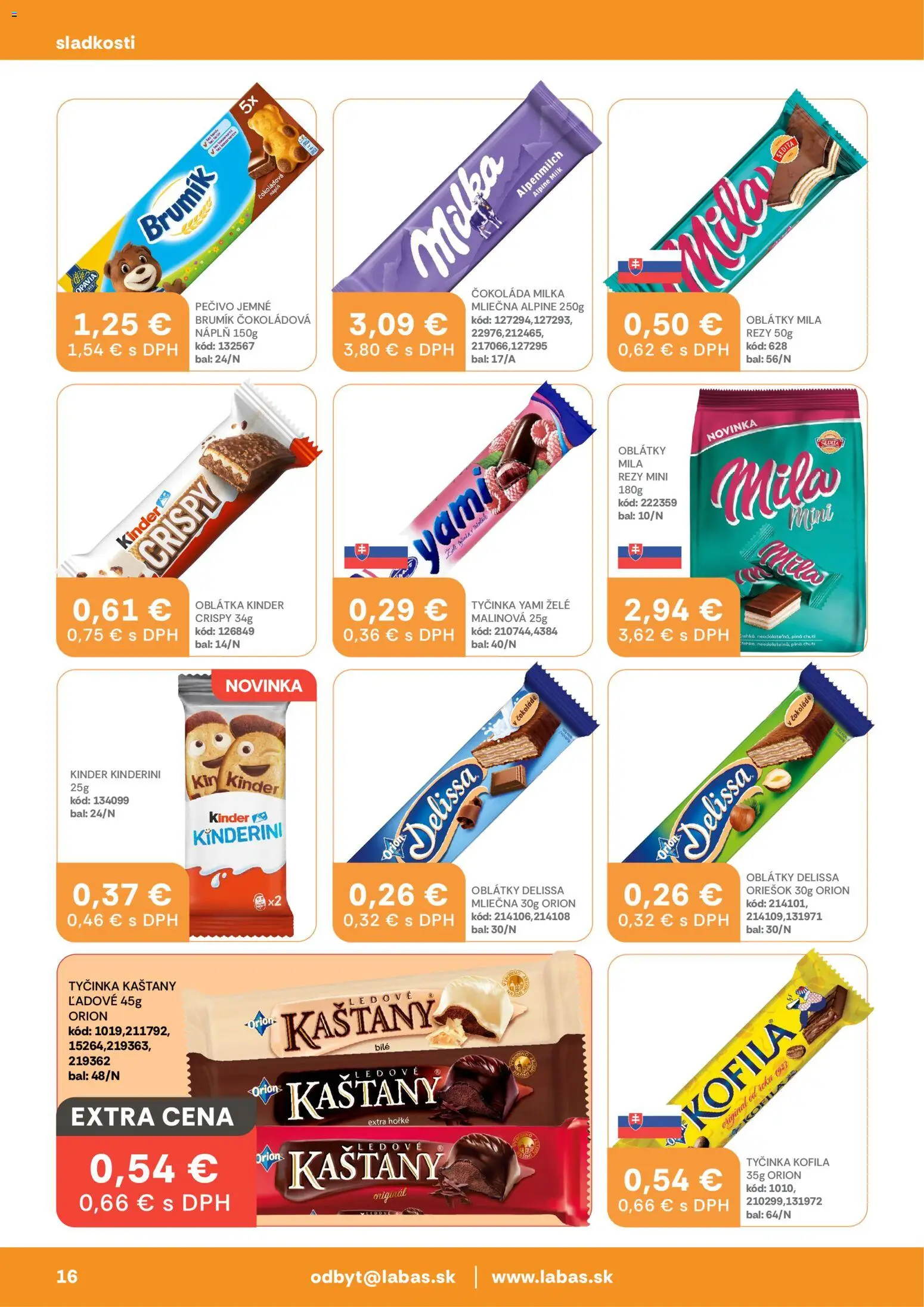 Nové Labaš akcie – leták je platný od 10.04.2026 | Strana: 16 | Produkty: Kinder, Čokoláda, Mila, Milka