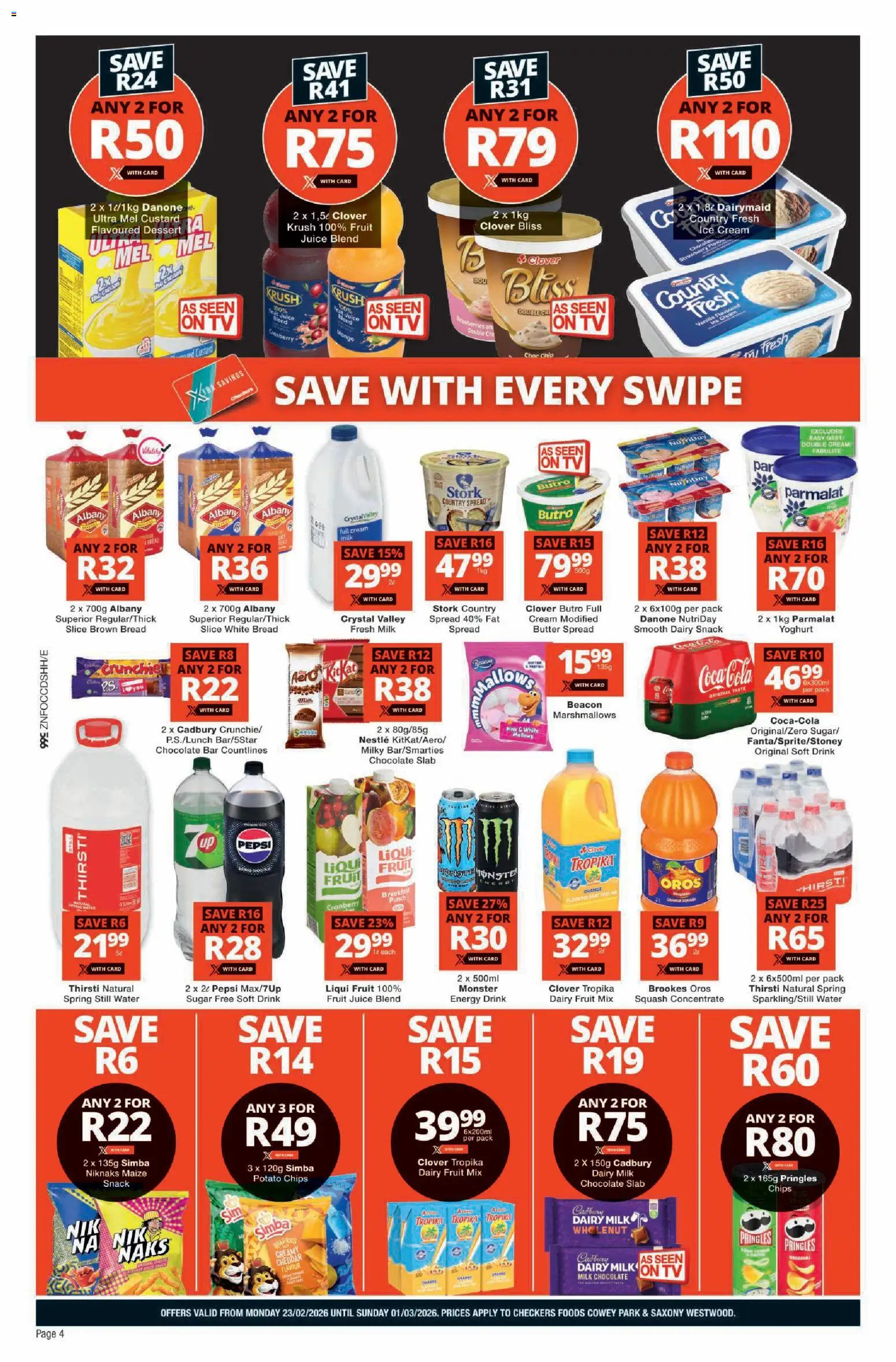 New Checkers catalogue – valid from 23.02.2026 | Page: 4 | Products: Chocolate, Ice cream, Water, Fruit