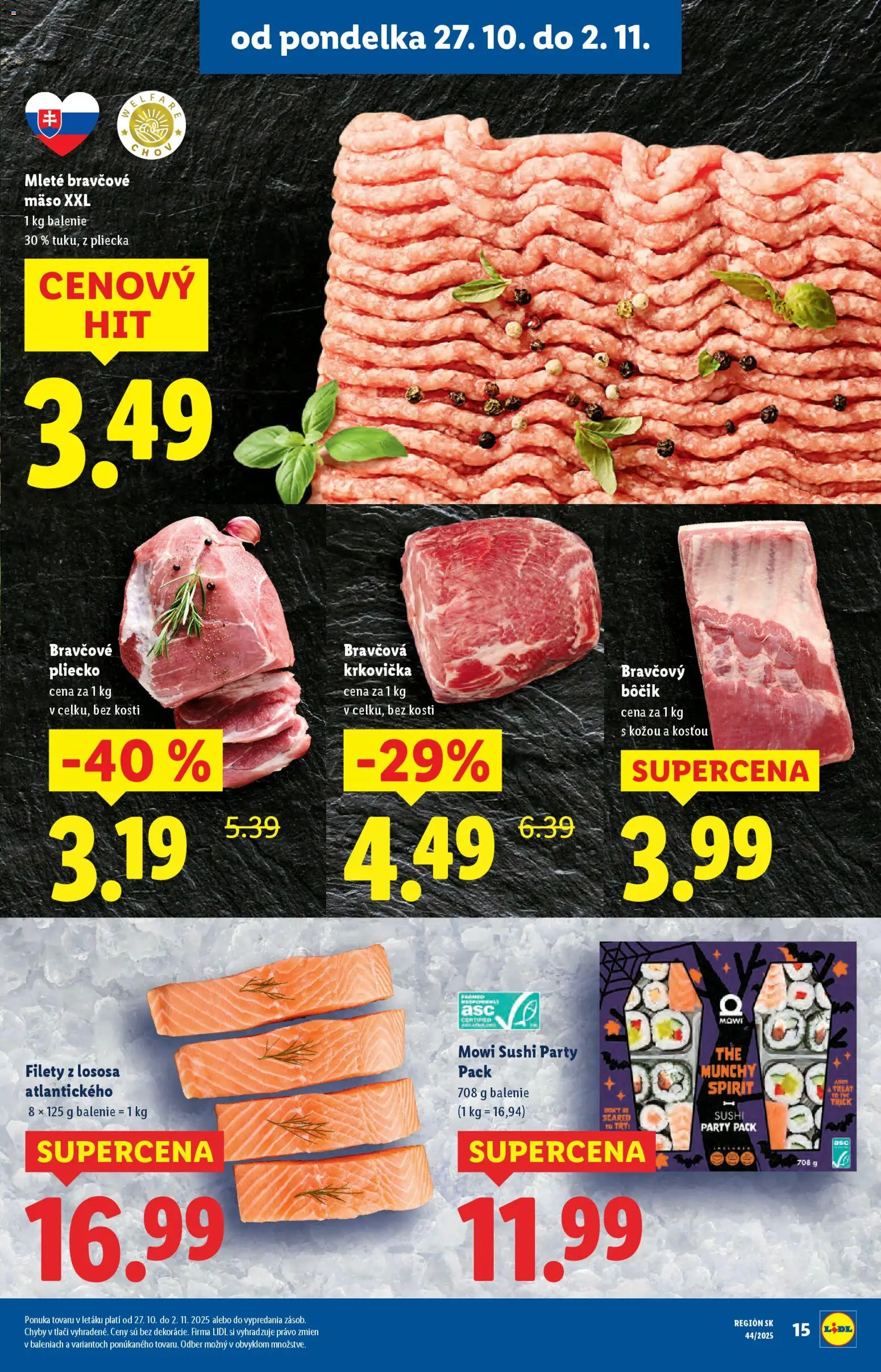 Nové Lidl akcie – leták je platný od 27.10.2025 | Strana: 17 | Produkty: Bravčová krkovička, Bravčový bôčik, Krkovička, Sushi