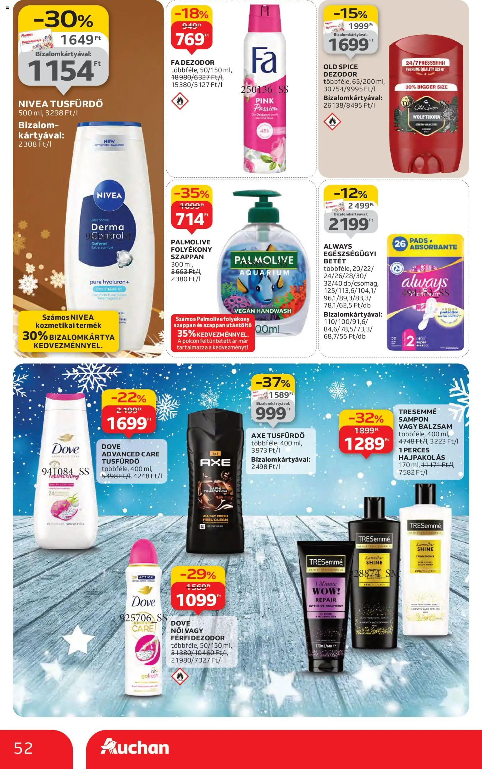 Auchan akciós ujság - amely érvényes a következő dátumtól: 27.11.2025 | Oldal: 52 | Termékek: Old spice, Sampon, Tusfürdő, Dezodor