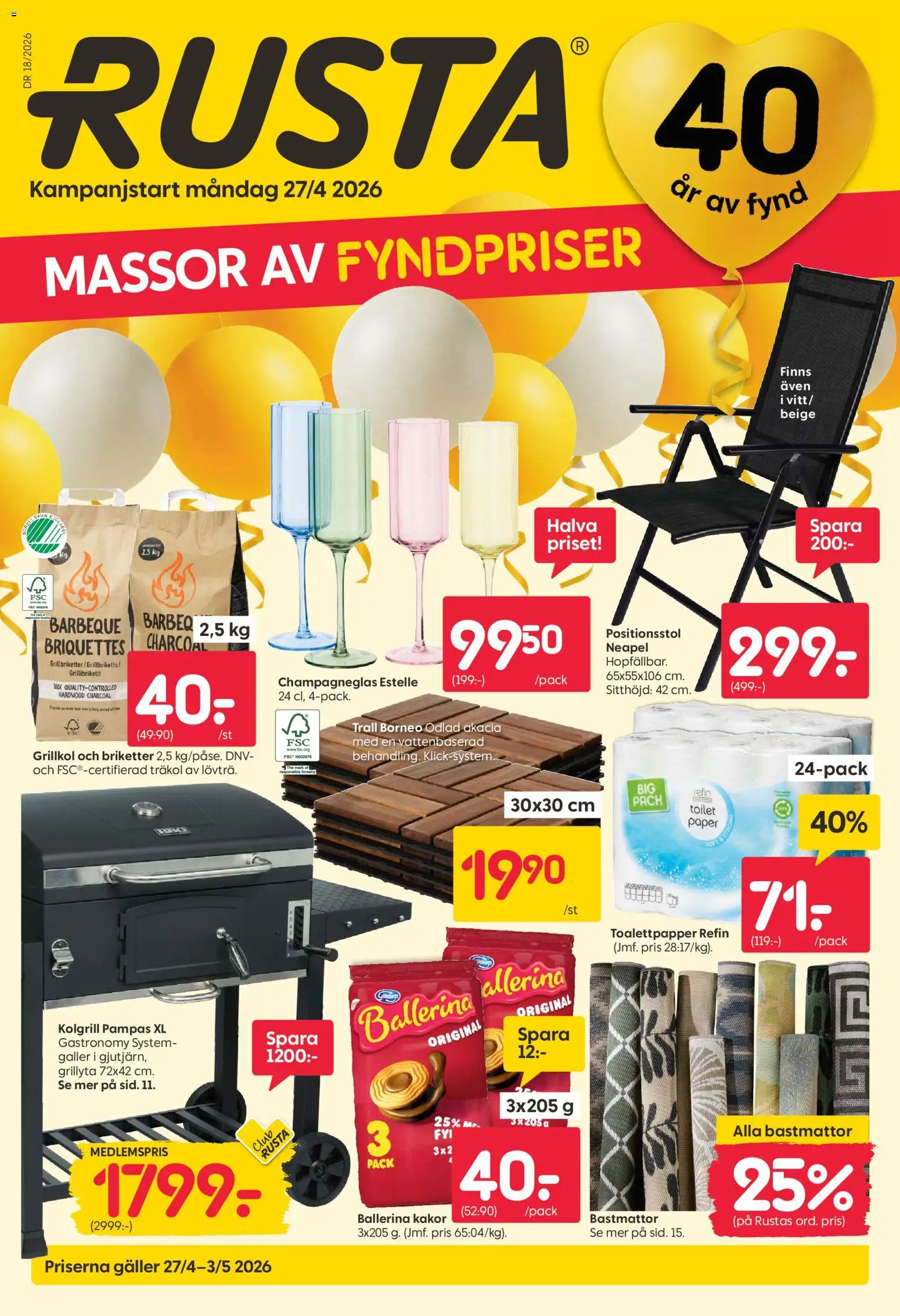 Rusta reklamblad aktuell från 27.04.2026 | Sida: 1 | Produkter: Ballerina, Grillkol, Kolgrill, Toalettpapper