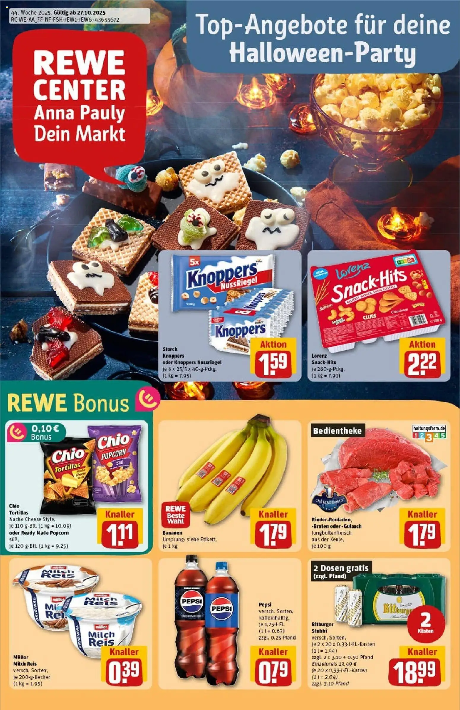 Rewe prospekt Kall	 – gültig ab 26.10.2025 | Seite: 1 | Produkte: Bananen, Gulasch, Knoppers, Chio tortillas