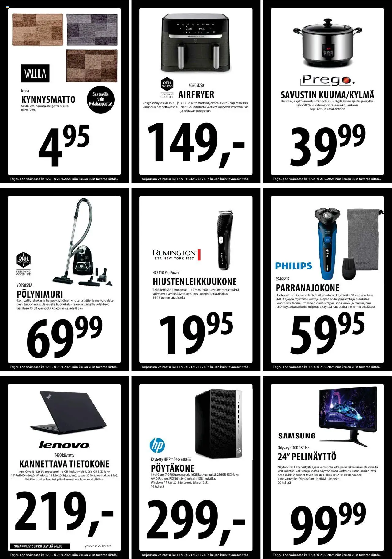 Tuuri tarjoukset – voimassa 17.09.2025 alkaen | Sivu: 11 | Tuotteet: Parranajokone, Kynnysmatto, Tietokone, Pöytäkone