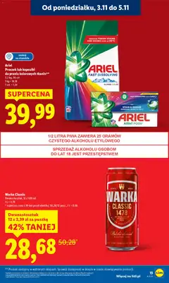 Pogląd oferty "Warka Classic, Dwunastosztuk, 12 x 500 ml" - ważna od 03.11.2025 | Strona: 13 | Produkty: Warka, Ariel, Kapsułki do prania, Detergent