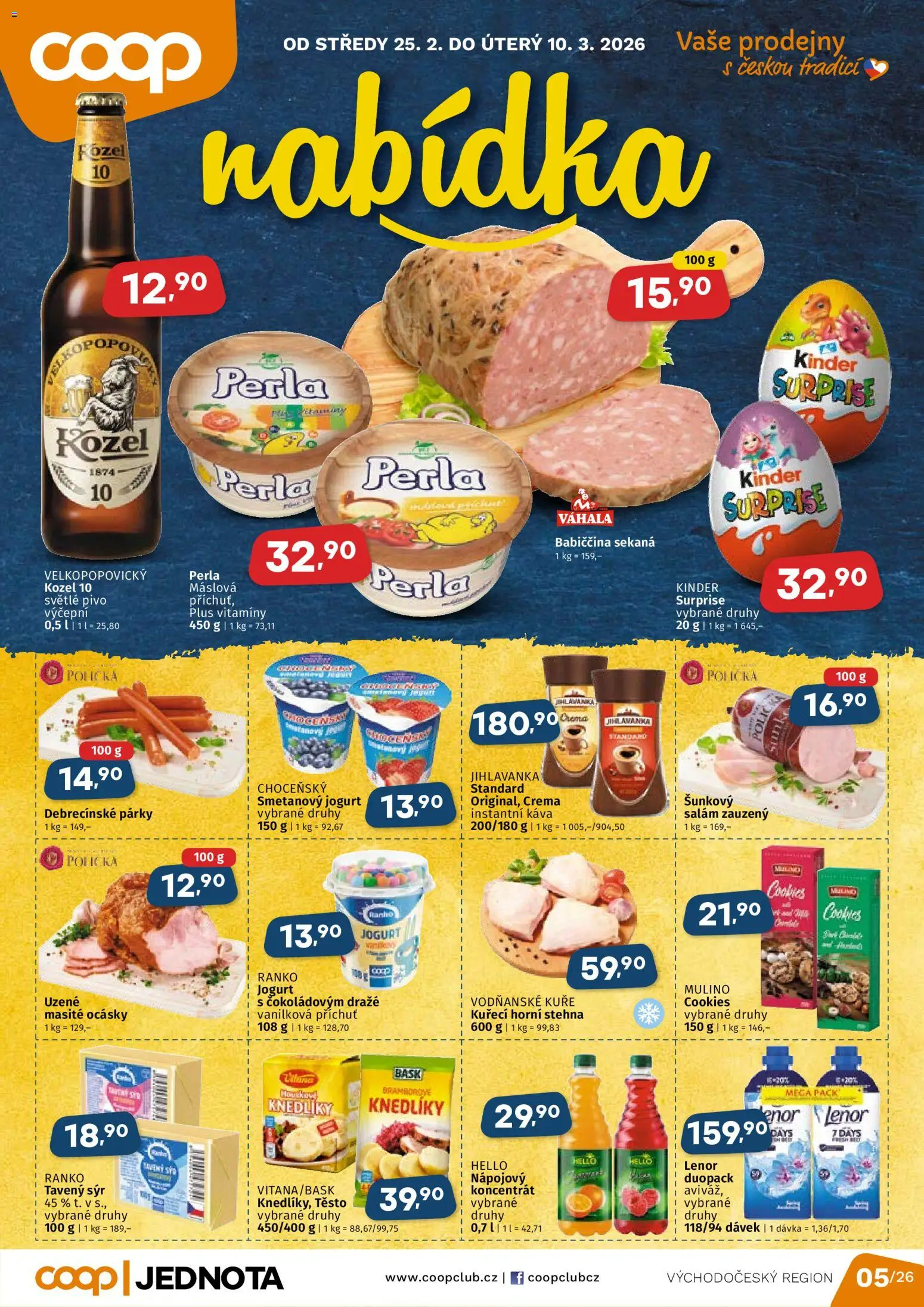 Coop leták - Východočeský region od 25.02.2026 | Strana: 1 | Produkty: Pivo, Crema, Kuře, Těsto