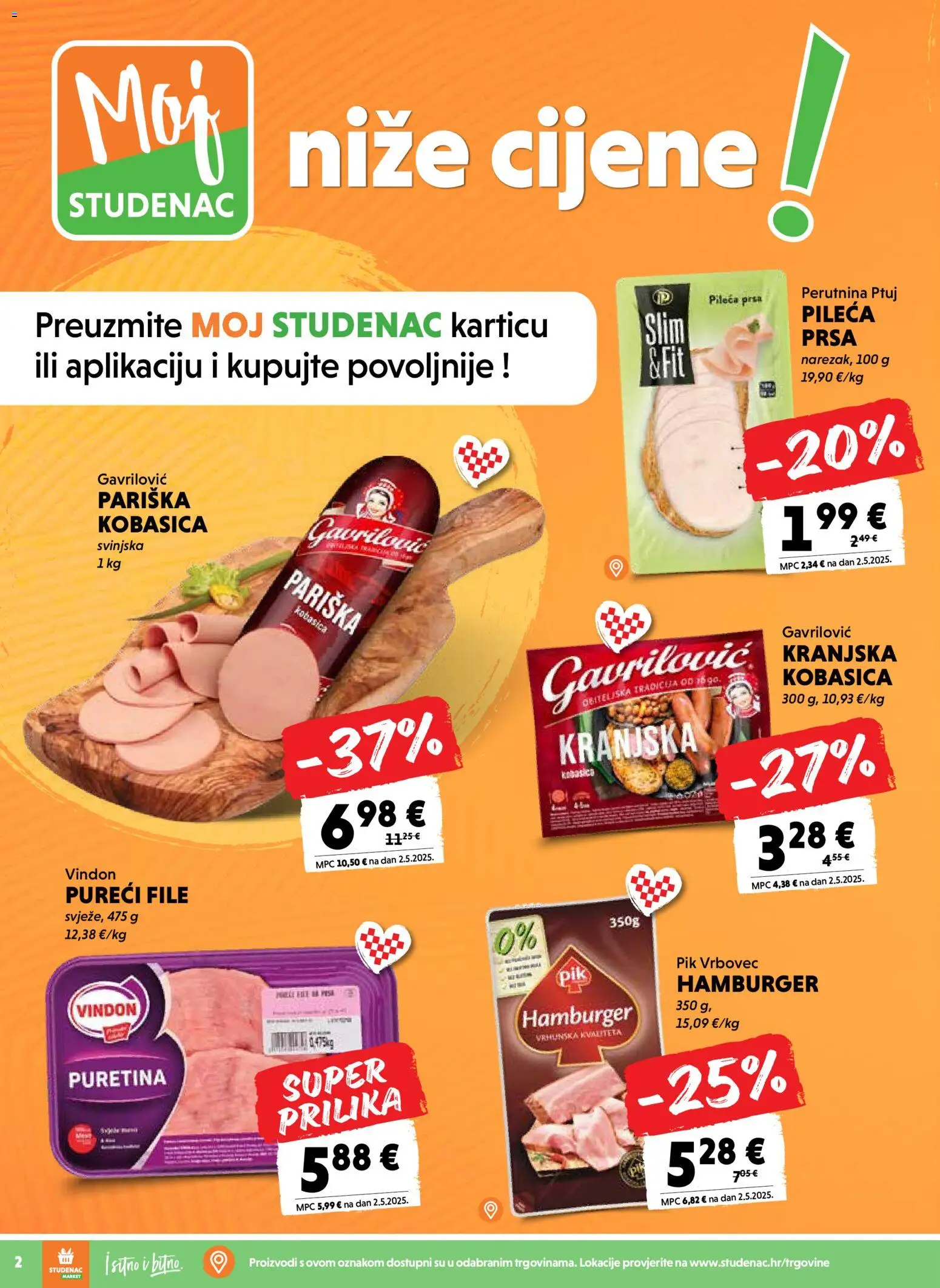 Studenac katalog | vrijedi od 25.03.2026 | Stranica: 2 | Proizvodi: Kobasica, Perutnina Ptuj, Pik Vrbovec, Pileća prsa
