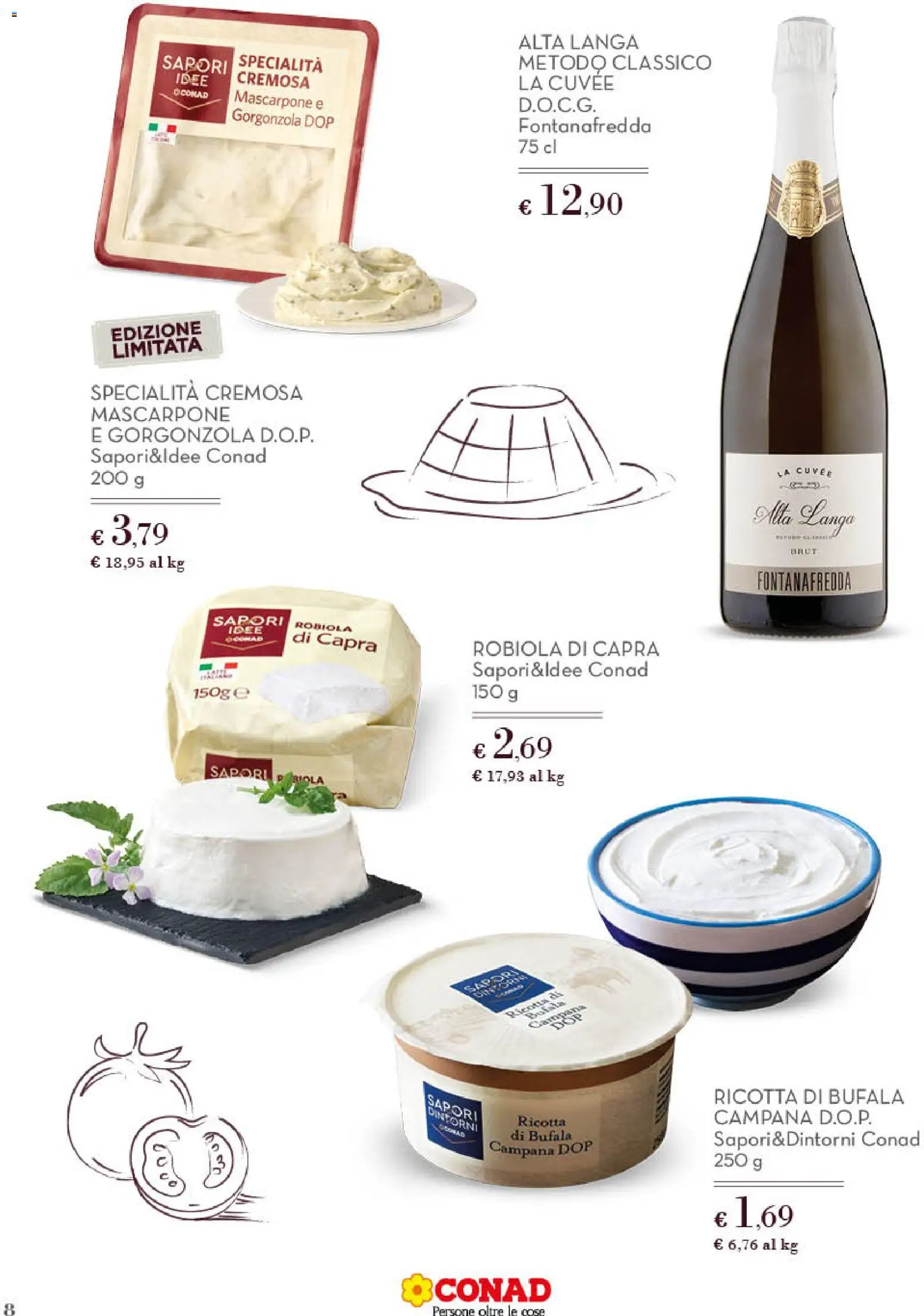 Volantino Conad del 01.12.2025 | Pagina: 8 | Prodotti: Ricotta, Mascarpone, Gorgonzola, Robiola
