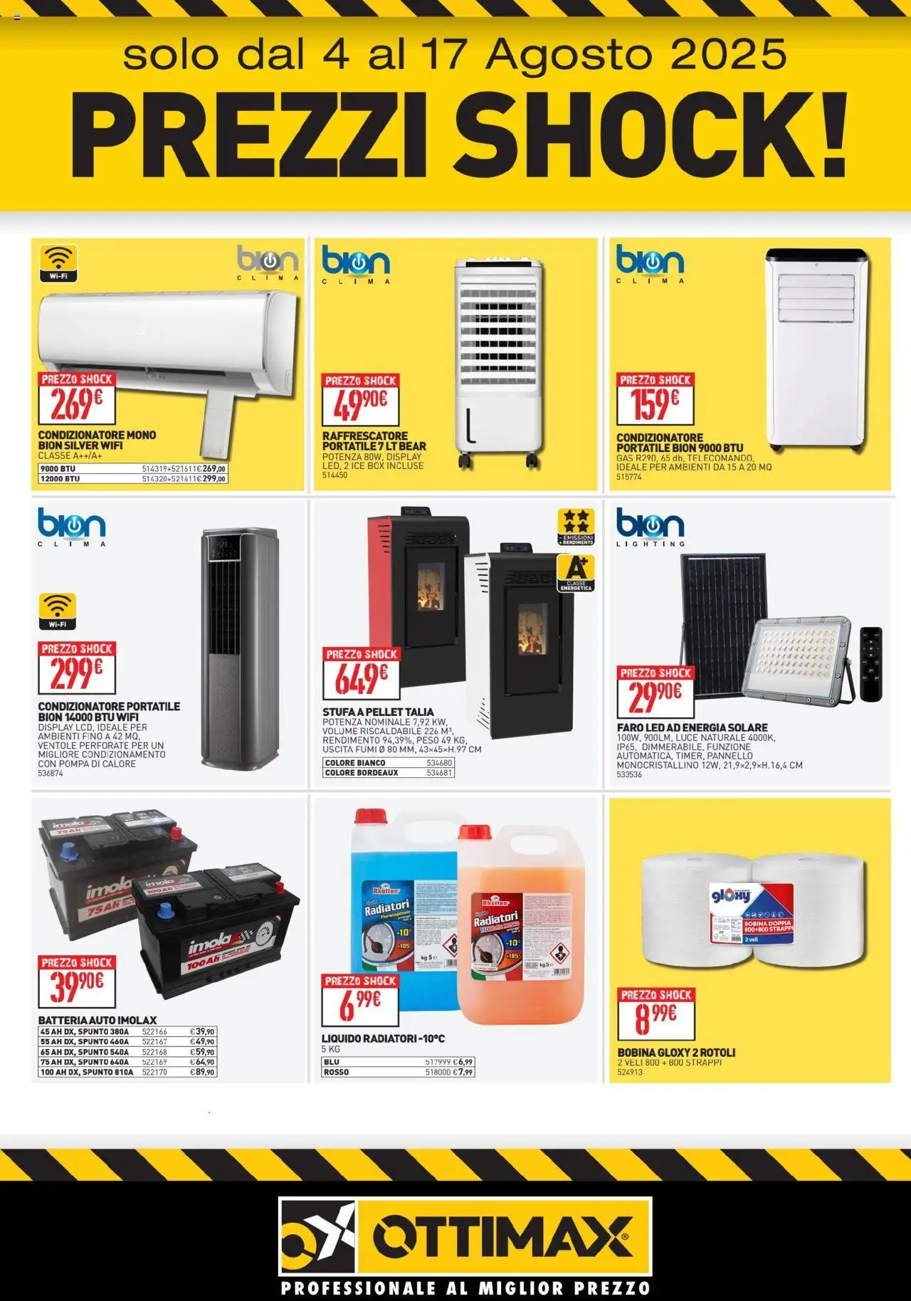 Volantino Ottimax del 04.08.2025 | Pagina: 1 | Prodotti: Pellet, Stufa a pellet, Condizionatore, Batteria