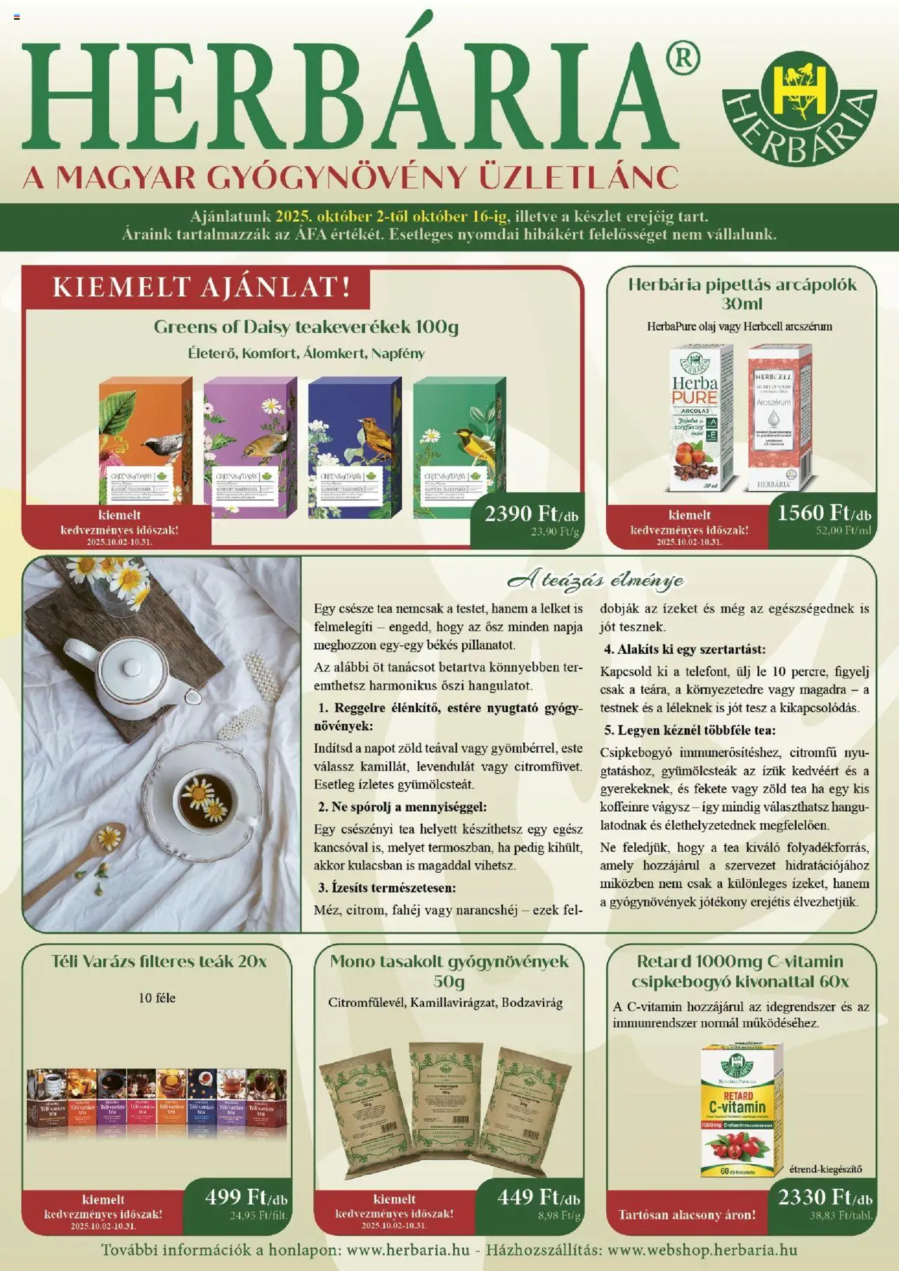 Herbária akciós ujság - amely érvényes a következő dátumtól: 02.10.2025 | Oldal: 1 | Termékek: Zöld tea, Olaj, Tea, Fahéj