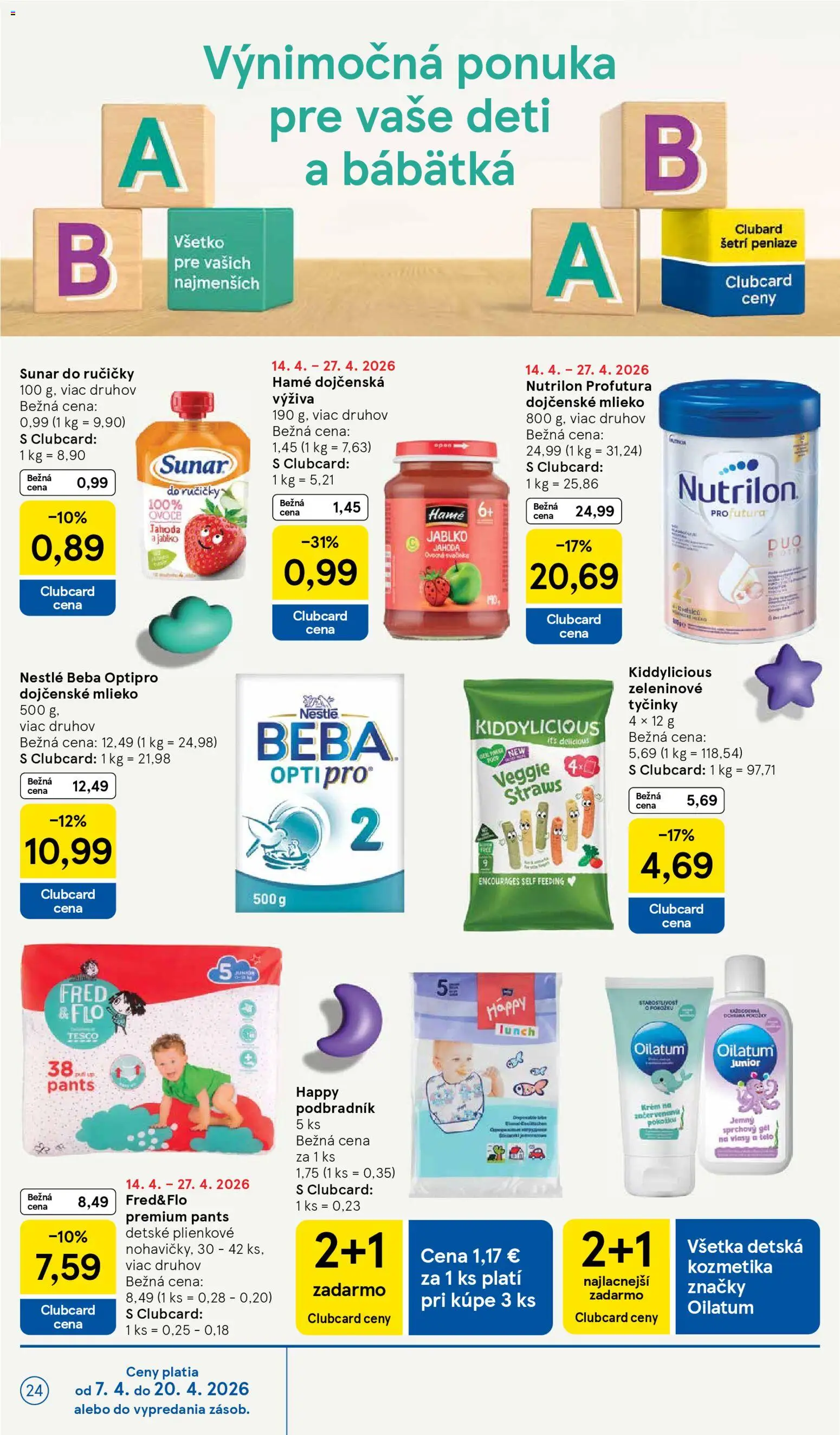 Nové Tesco akcie – leták je platný od 15.04.2026 | Strana: 24 | Produkty: Mlieko, Sunar, Krém, Beba