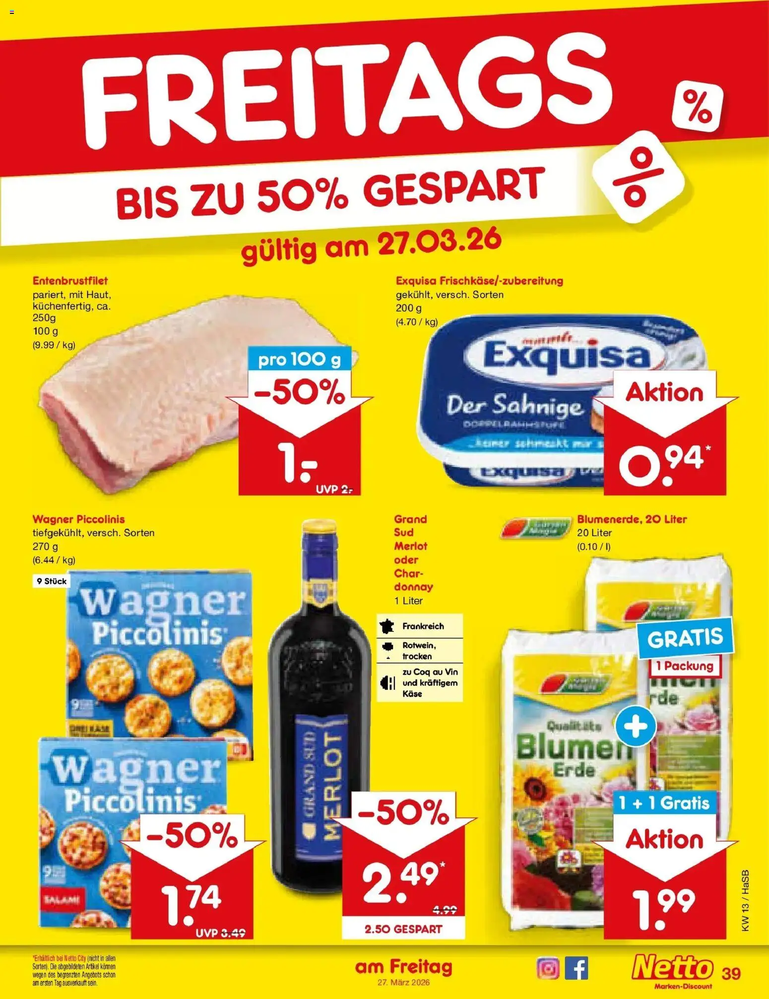 Netto Marken-Discount Prospekt Wuppertal	 – gültig ab 23.03.2026 | Seite: 55 | Produkte: Käse, Merlot, Blumen, Exquisa