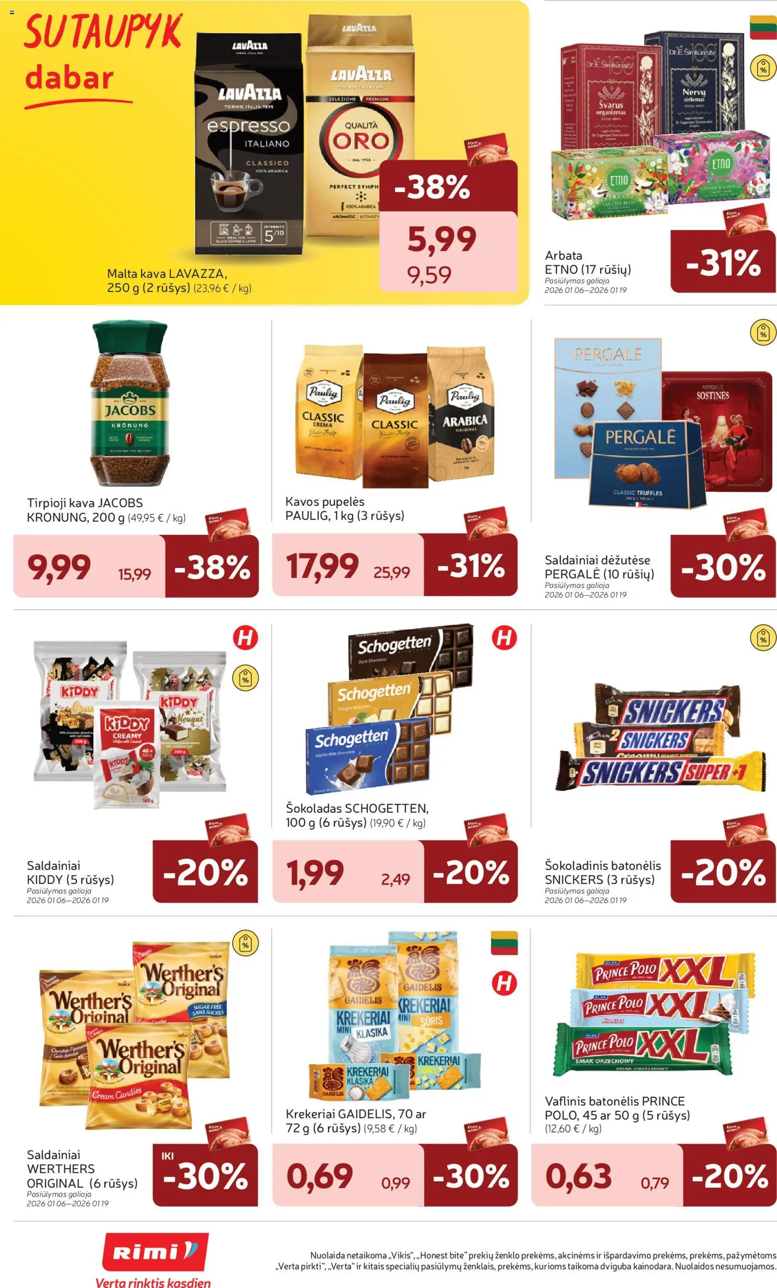 Rimi akcijos nuo 06.01.2026 | Puslapis: 22 | Prekių: Tirpioji kava, Kavos pupelės, Šokoladas, Saldainiai