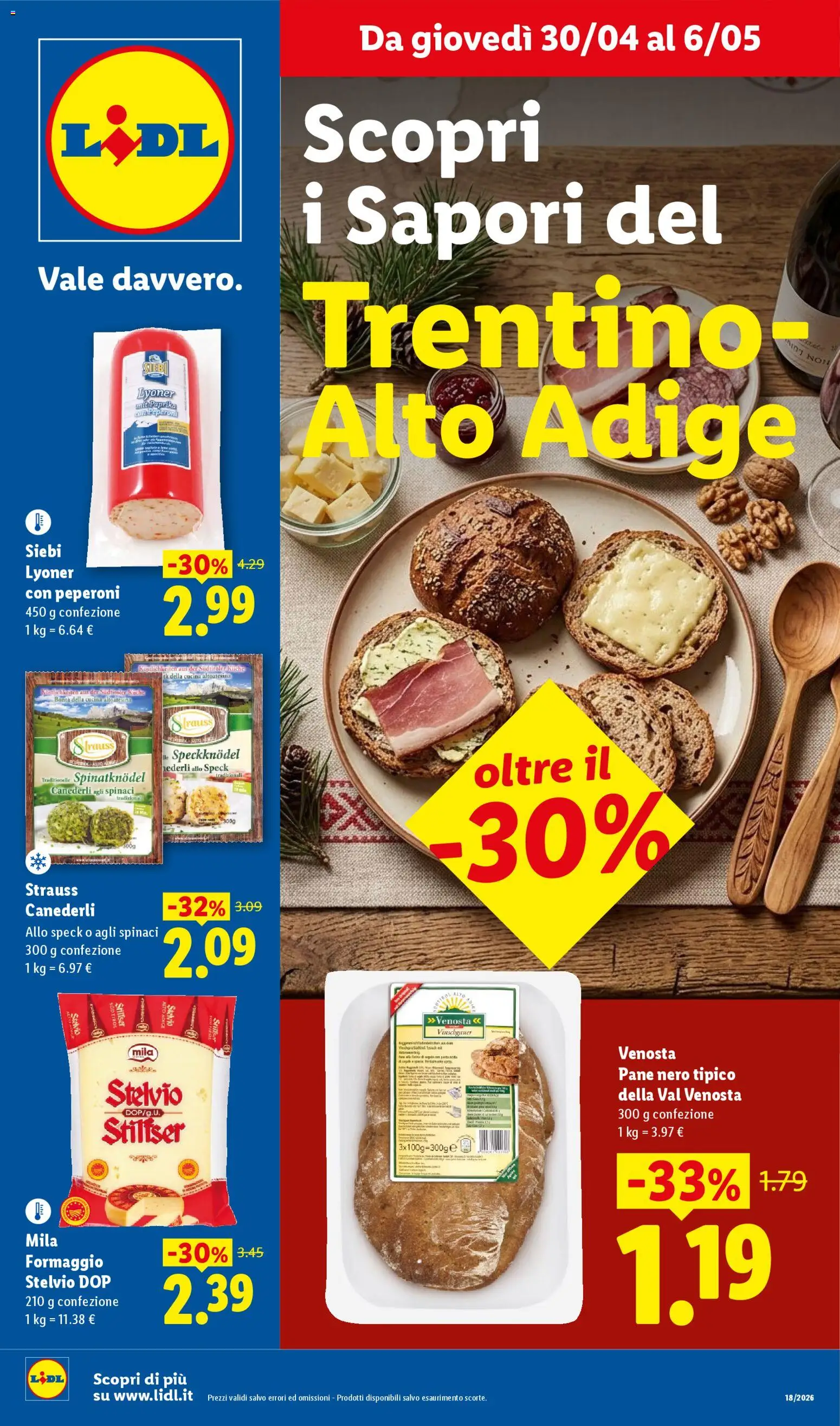 Volantino Lidl del 30.04.2026 | Pagina: 1 | Prodotti: Pane, Peperoni, Formaggio, Spinaci