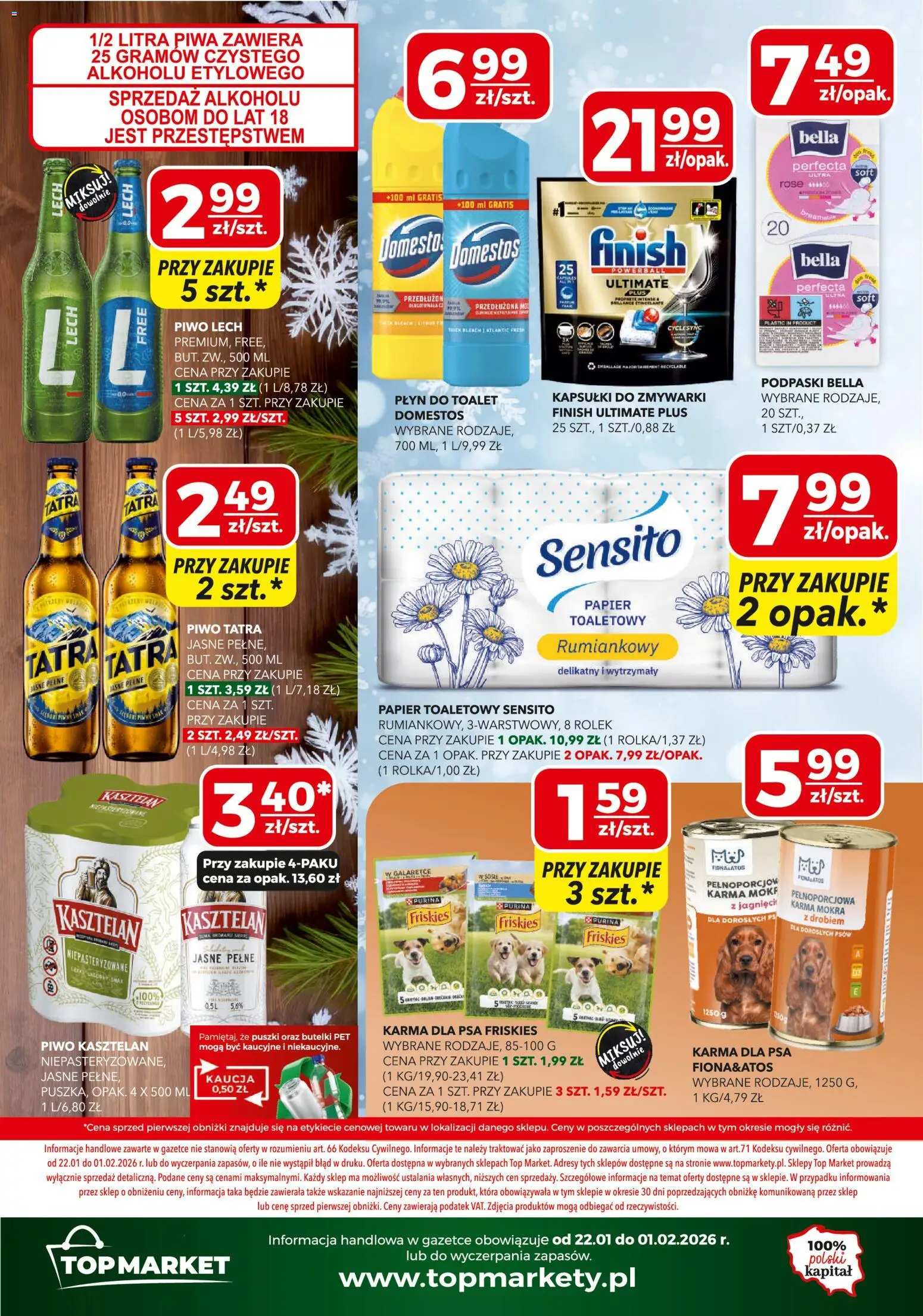 Top Market Gazetka mini od 22.01.2026 | Strona: 4 | Produkty: Podpaski bella, Domestos, Karma dla psa, Piwo