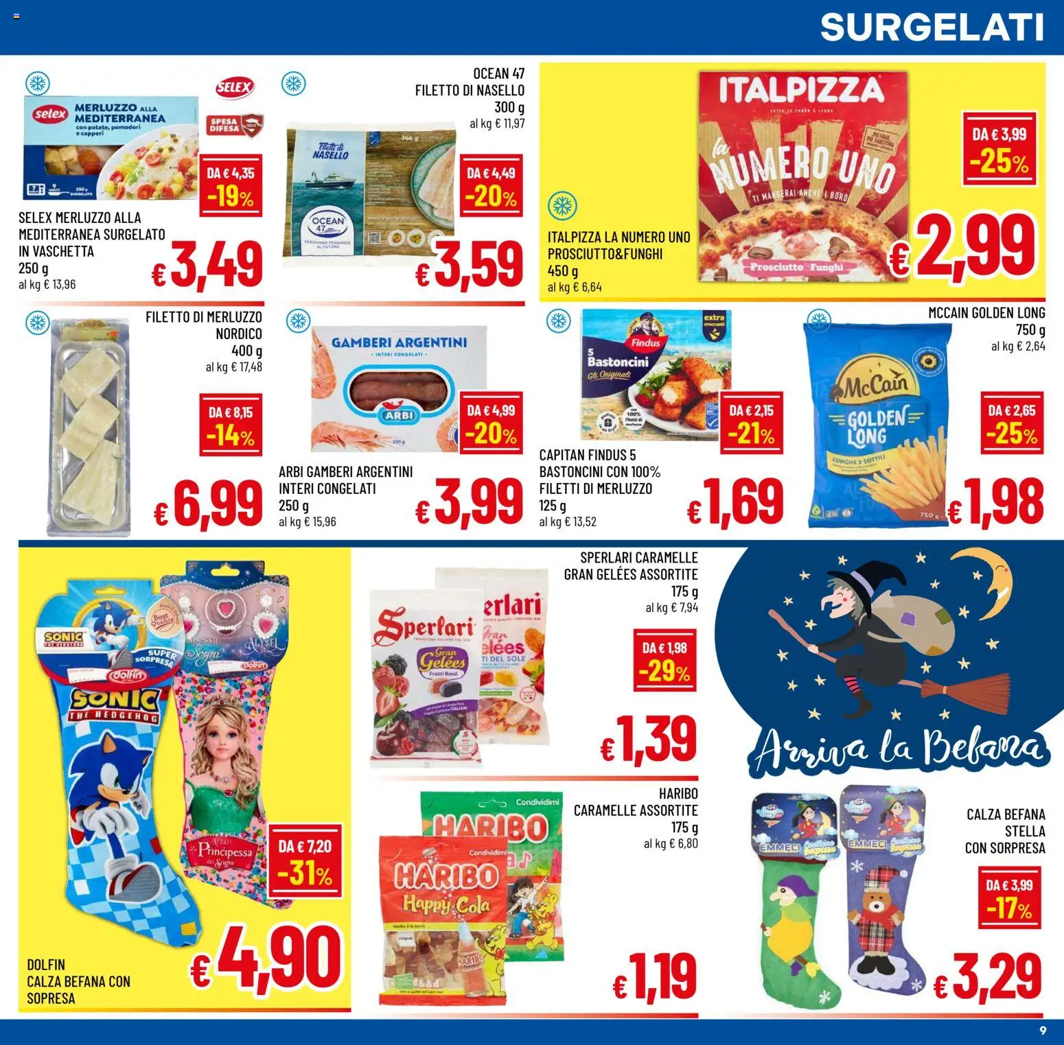 Volantino A&O del 02.01.2026 | Pagina: 9 | Prodotti: Merluzzo, Gamberi, Prosciutto, Nasello