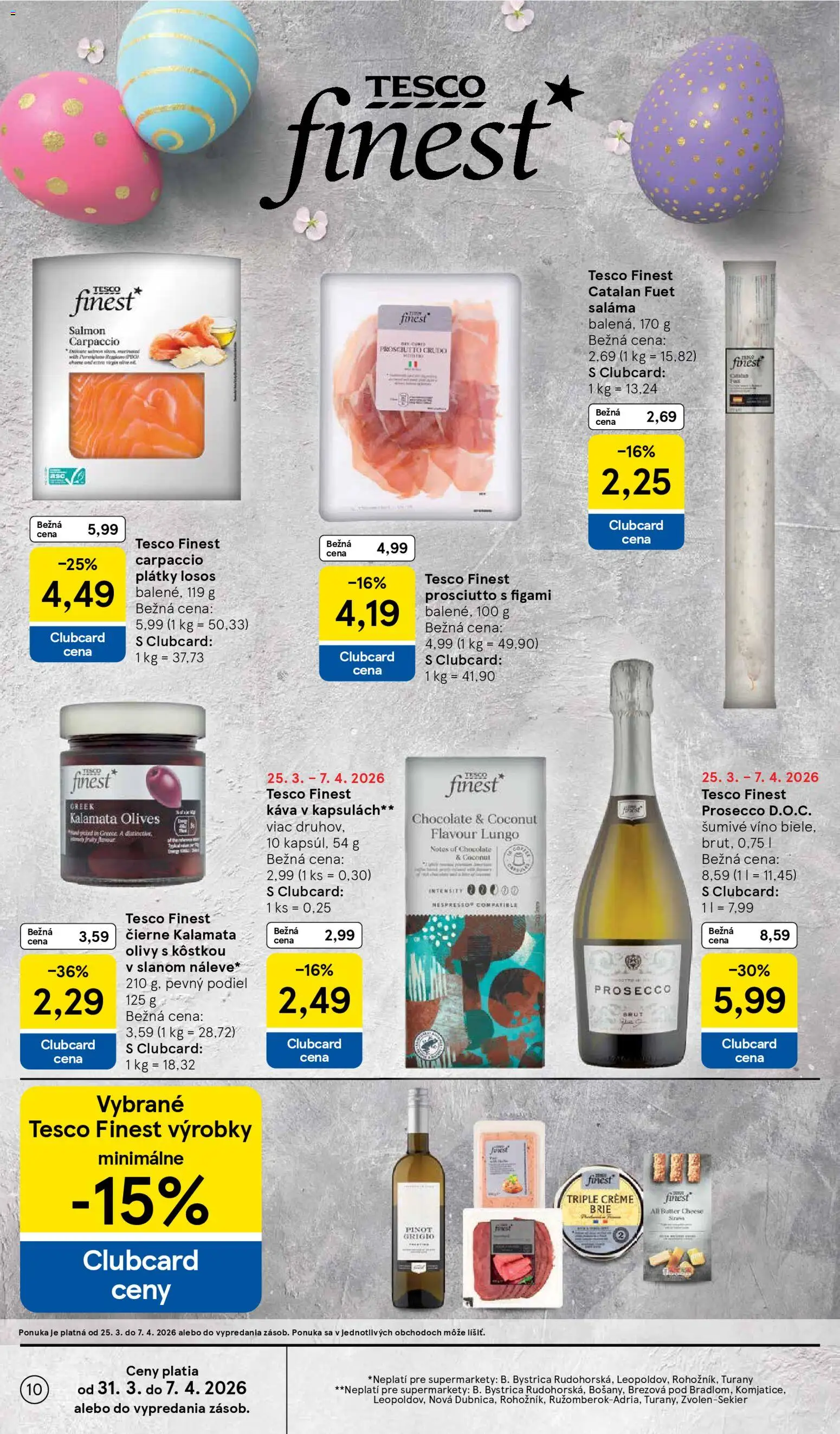 Nové Tesco akcie – leták je platný od 31.03.2026 | Strana: 10 | Produkty: Saláma, Víno, Prosecco, Losos