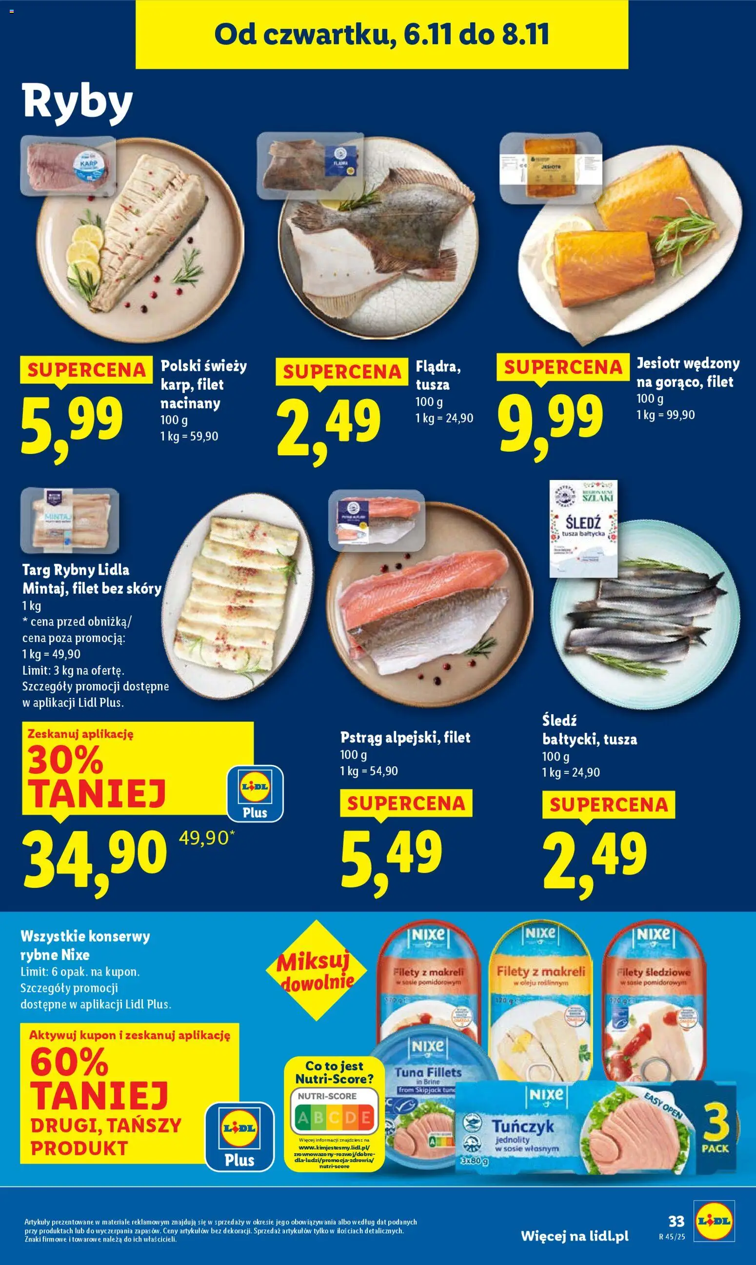 Lidl Gazetka od 06.11.2025 | Strona: 33 | Produkty: Karp, Tuńczyk, Filety z makreli w sosie pomidorowym, Ryby