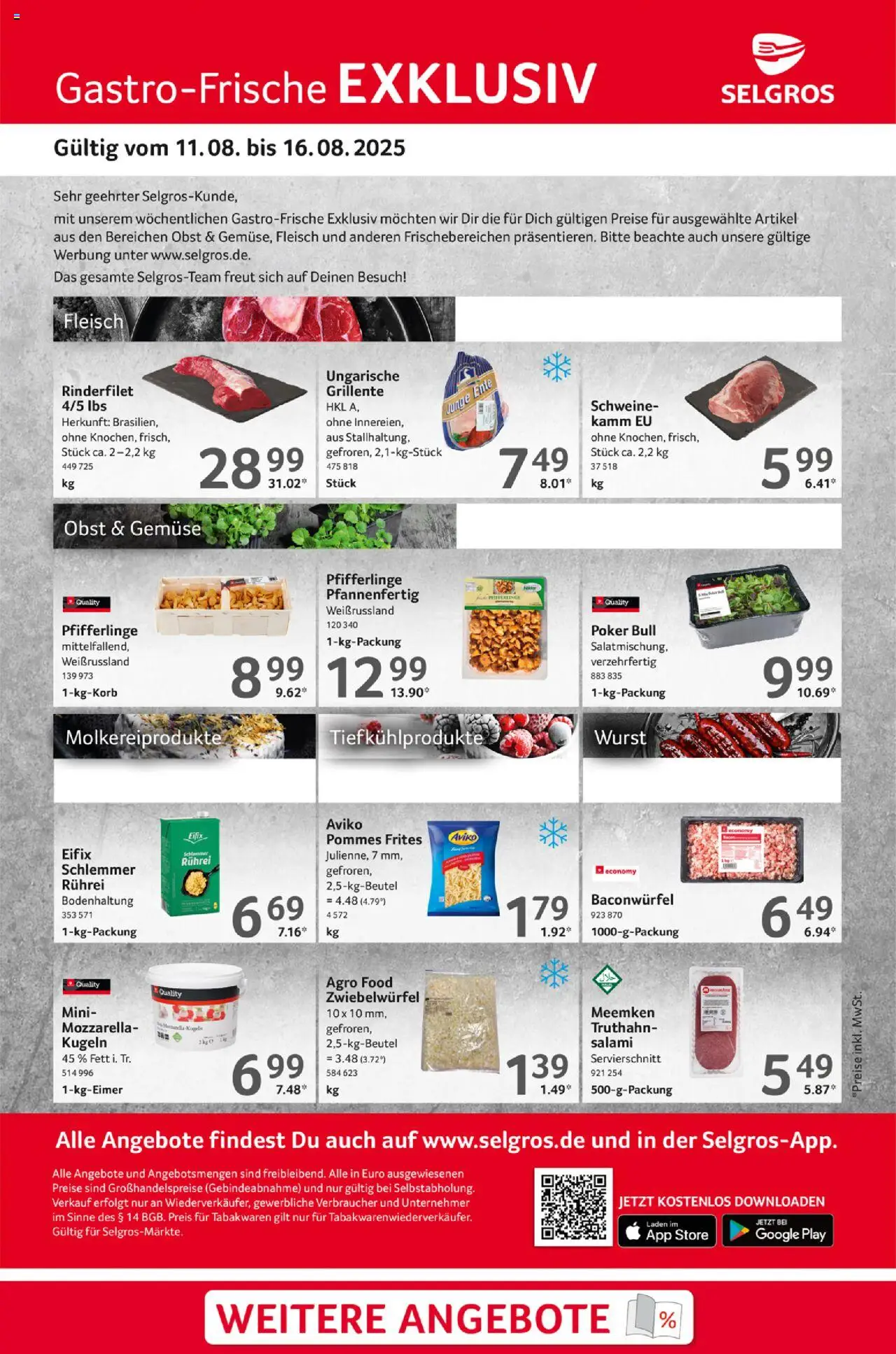 Selgros Gastro Angebote - gültig ab dem 11.08.2025 | Seite: 1 | Produkte: Pommes frites, Gemüse, Wurst, Fleisch