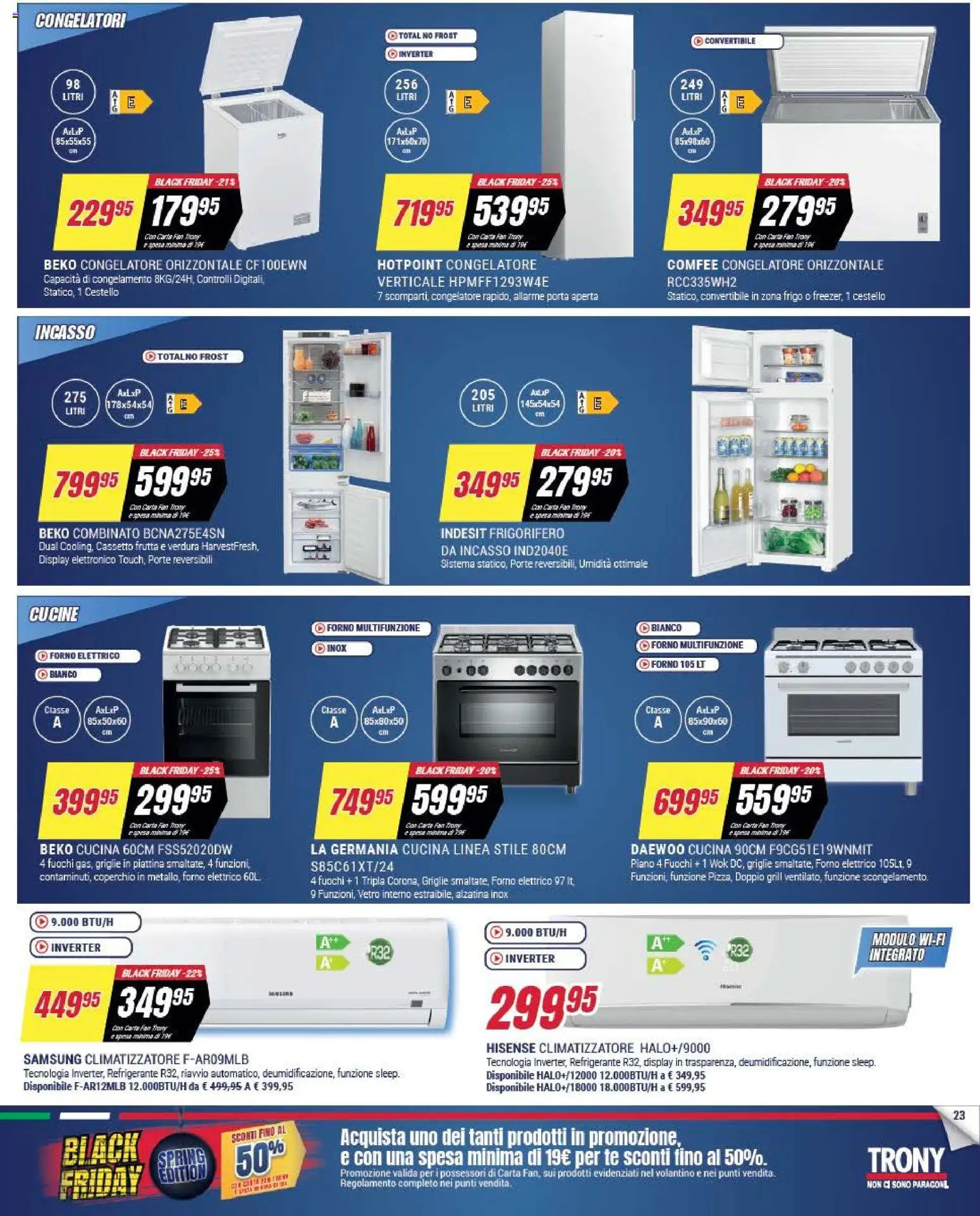 Volantino Trony volantino Calabria del 19.03.2026 | Pagina: 23 | Prodotti: Climatizzatore, Cucine, Frigorifero, Fan