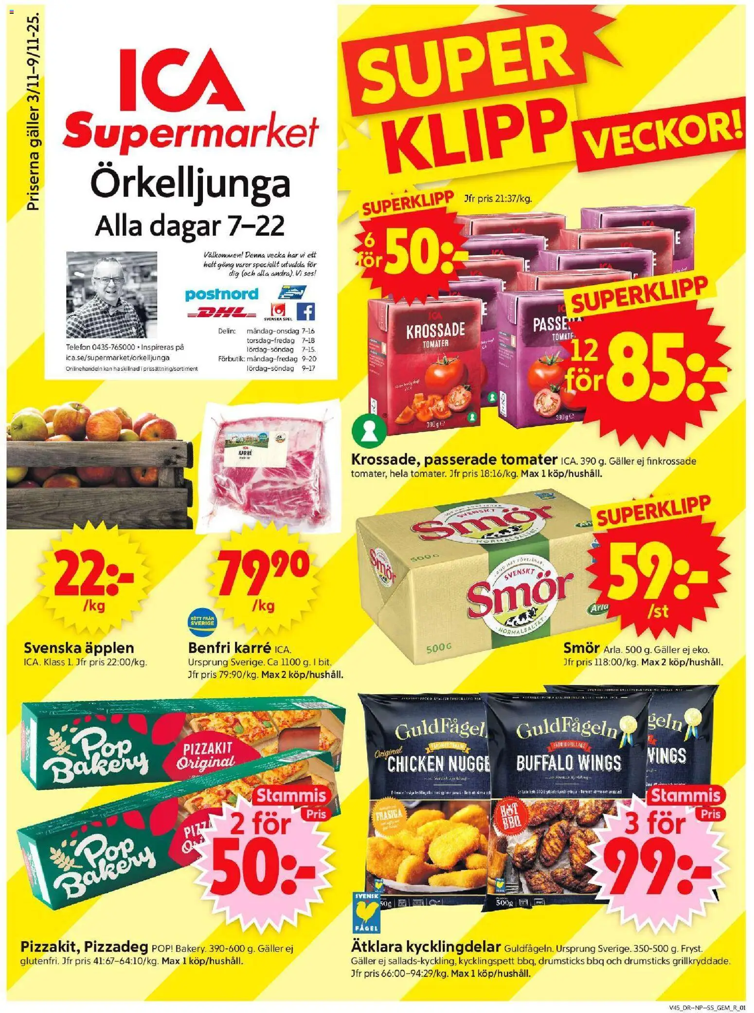 ICA Supermarket reklamblad aktuell från 03.11.2025 | Sida: 1 | Produkter: Galler, Tomater, Pizzakit, Spel