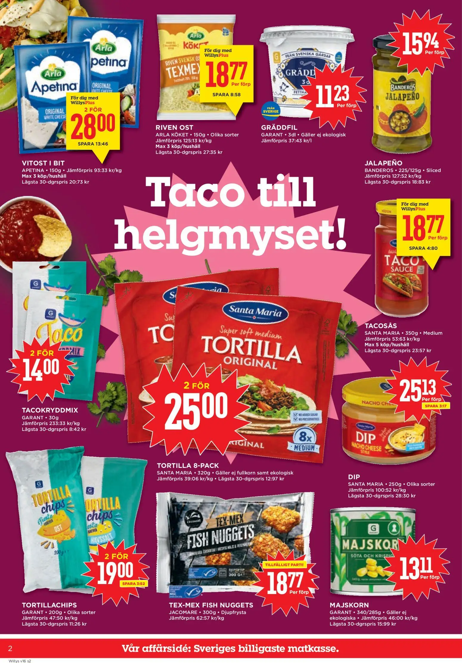 Willys reklamblad aktuell från 13.04.2026 | Sida: 2 | Produkter: Tacosås, Riven ost, Ost, Gräddfil