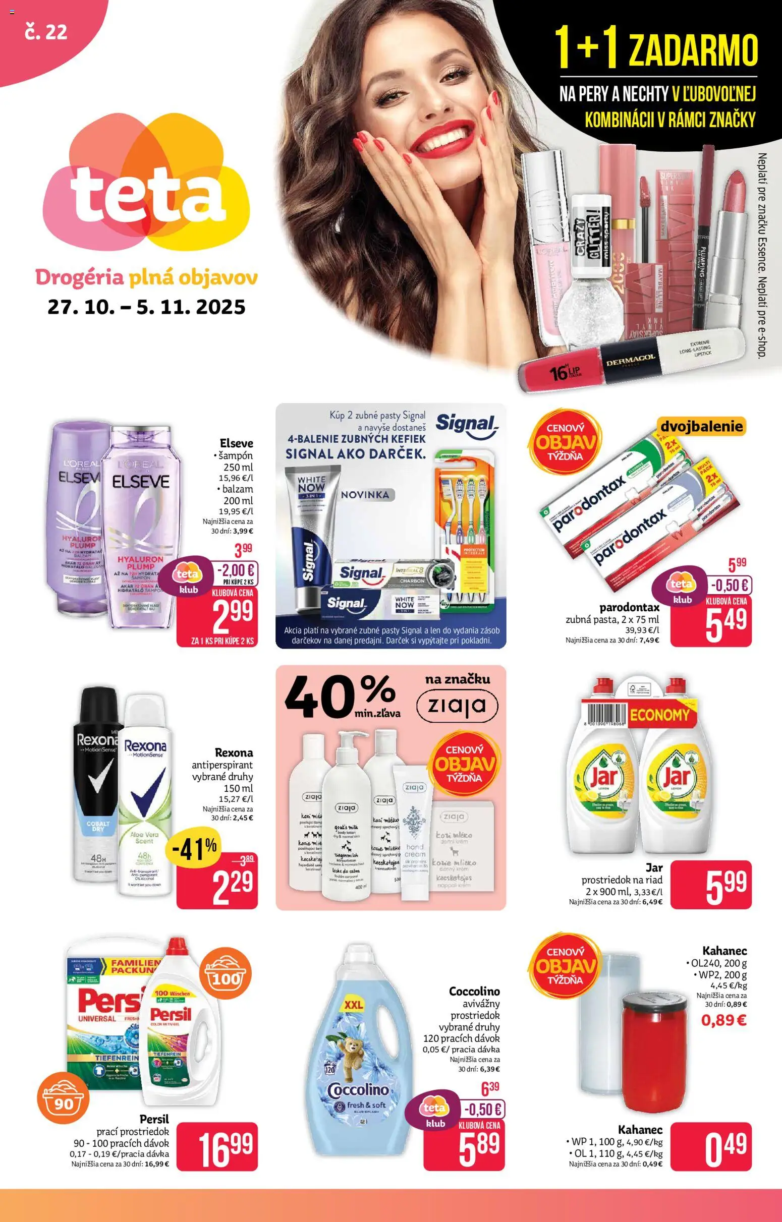 Nové Teta drogerie akcie – leták je platný od 27.10.2025 | Strana: 1 | Produkty: Mlieko, Krém, Coccolino, Jar