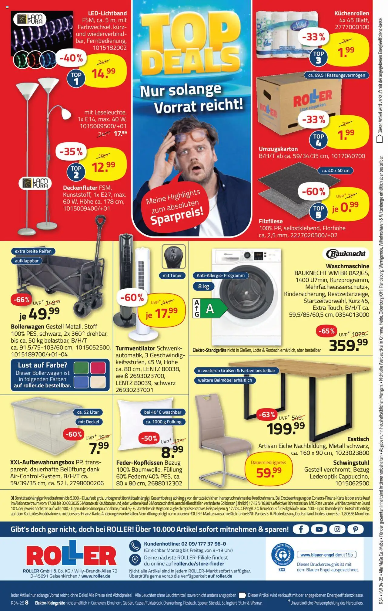 Roller Prospekt 	 - gültig ab dem 17.08.2025 | Seite: 16 | Produkte: Esstisch, Waschmaschine, Turmventilator, Uhr