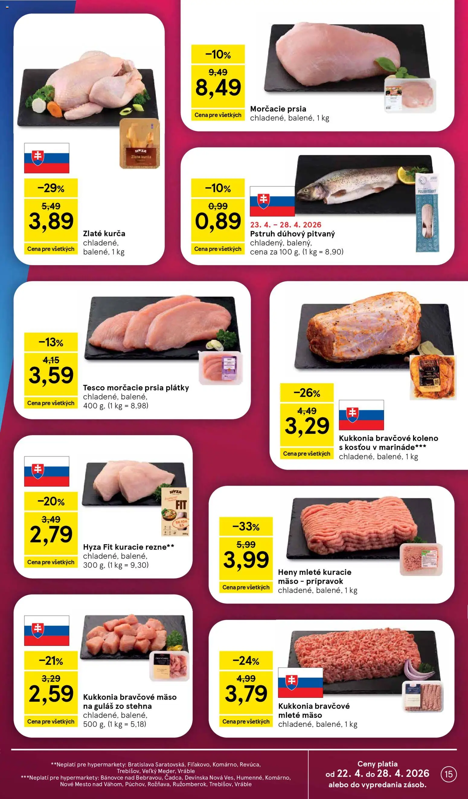 Nové Tesco akcie – leták je platný od 22.04.2026 | Strana: 15 | Produkty: Kuracie mäso, Bravčové koleno, Kuracie rezne, Kurča