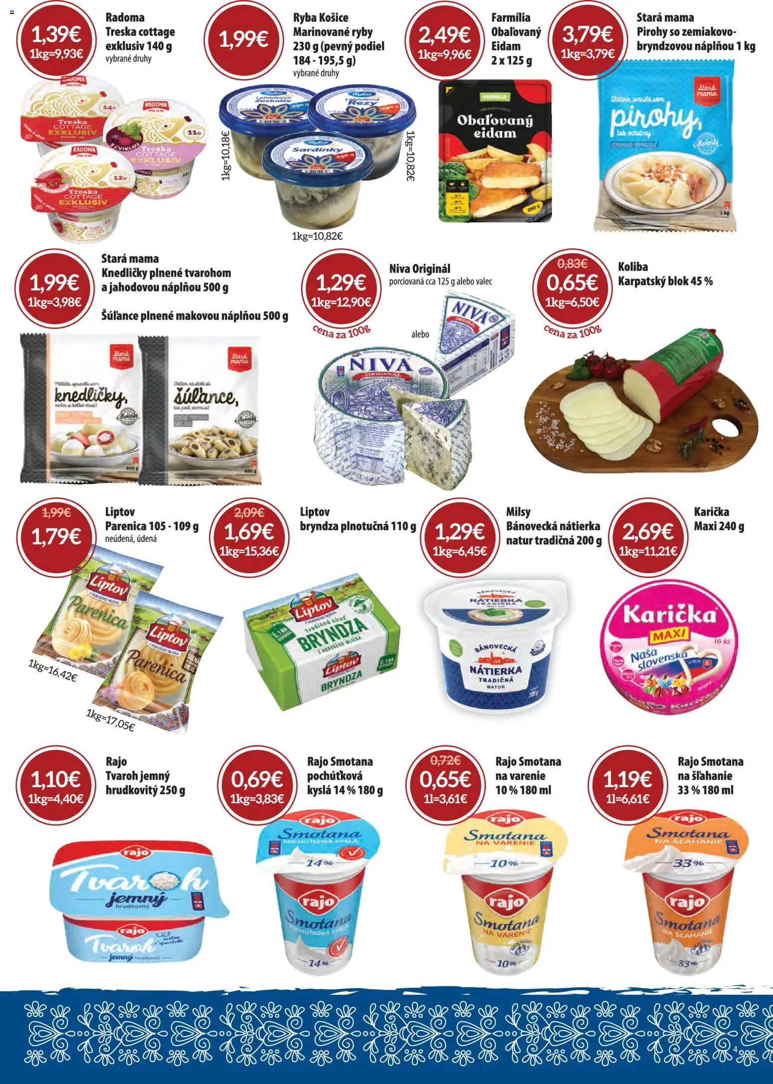 Nové Nitrazdroj akcie – leták je platný od 01.04.2026 | Strana: 4 | Produkty: Pirohy, Sardinky, Tvaroh, Treska