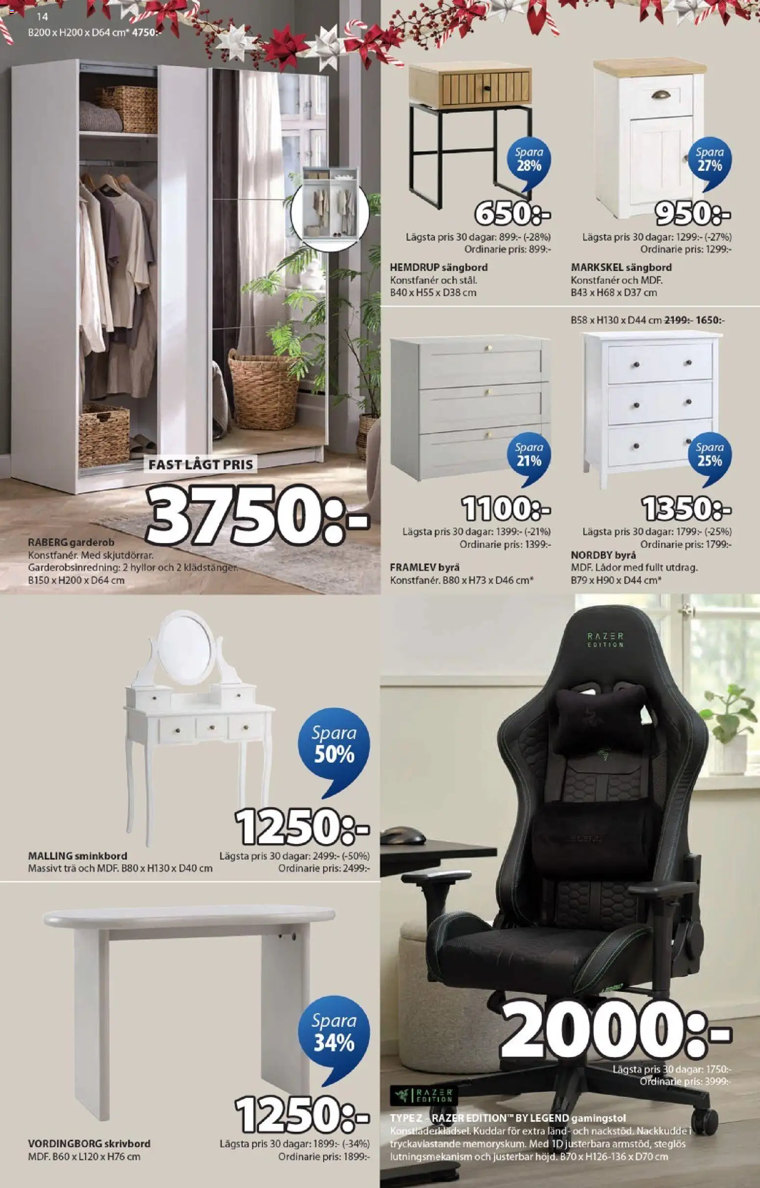 JYSK reklamblad aktuell från 15.12.2025 | Sida: 14 | Produkter: Gamingstol, Skrivbord, Byrå, Nackkudde