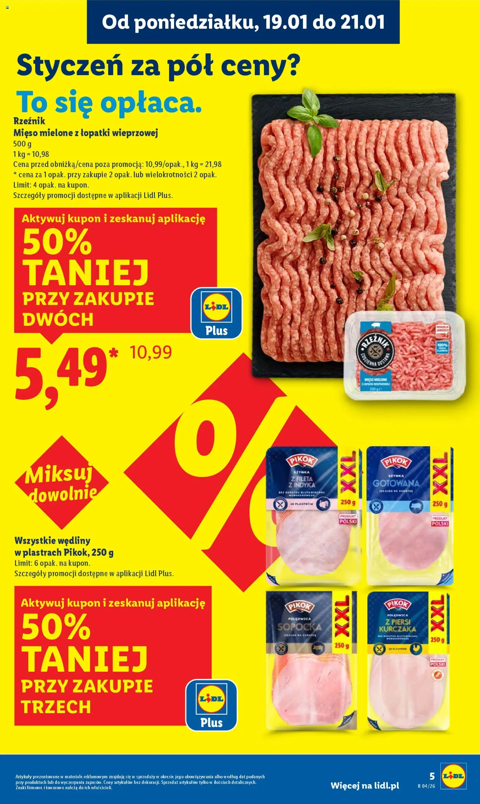 Lidl Gazetka od 19.01.2026 | Strona: 5 | Produkty: Piersi, Mięso mielone, Szynka, Wędliny