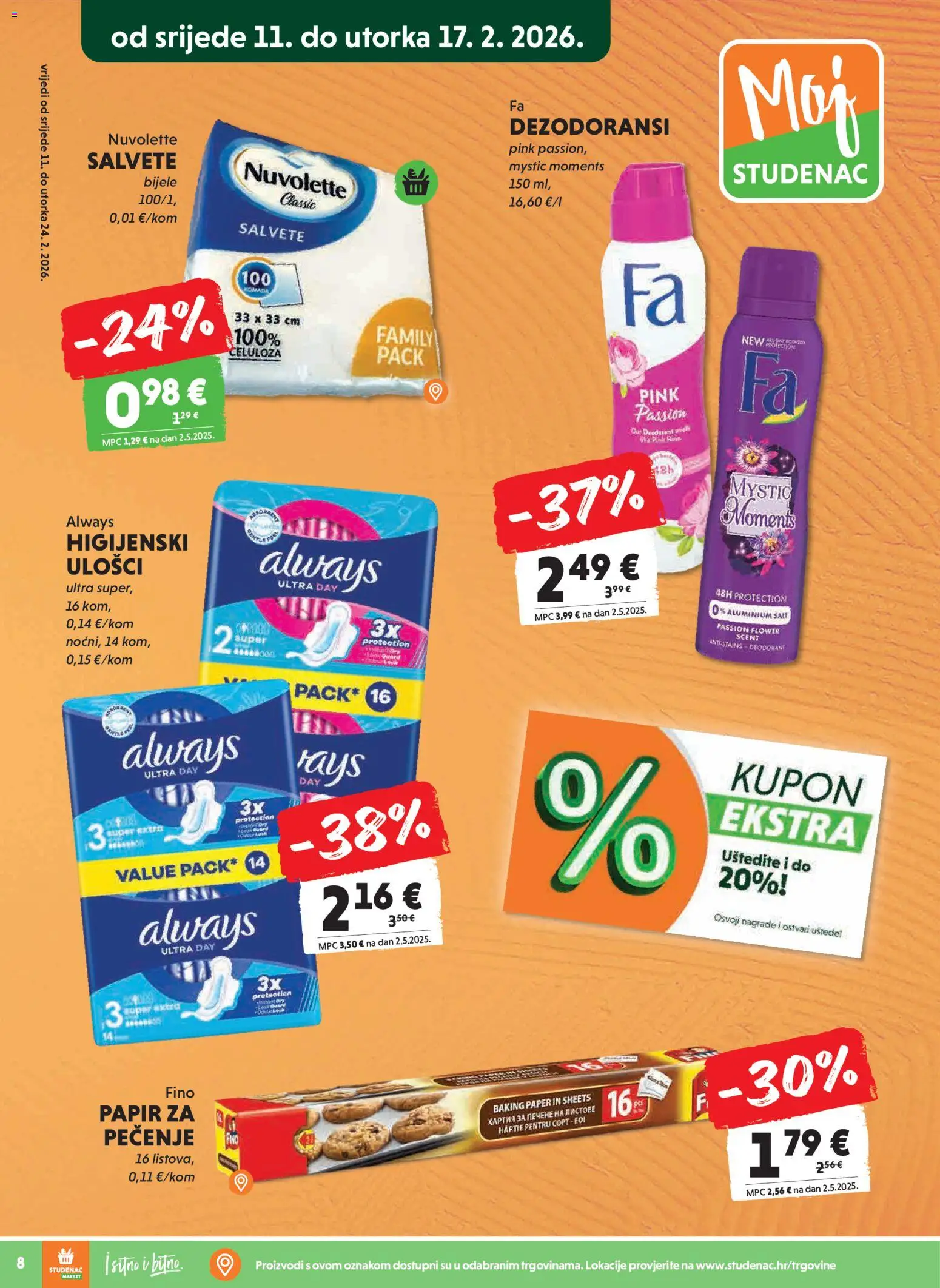 Studenac katalog | vrijedi od 18.02.2026 | Stranica: 8 | Proizvodi: Higijenski ulošci, Salvete