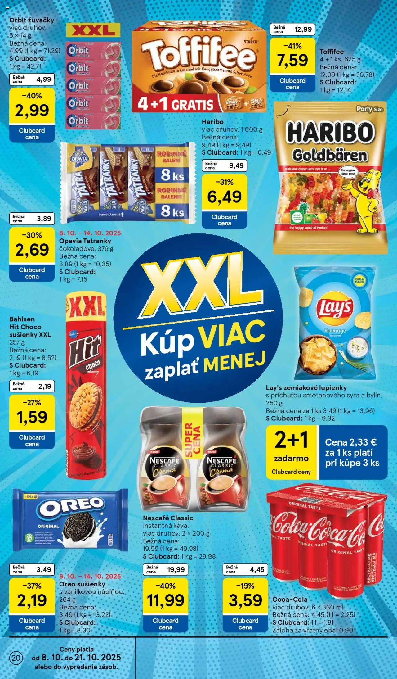 Nové Tesco akcie – leták je platný od 08.10.2025 | Strana: 20 | Produkty: Toffifee, Cola, Nescafé Classic
